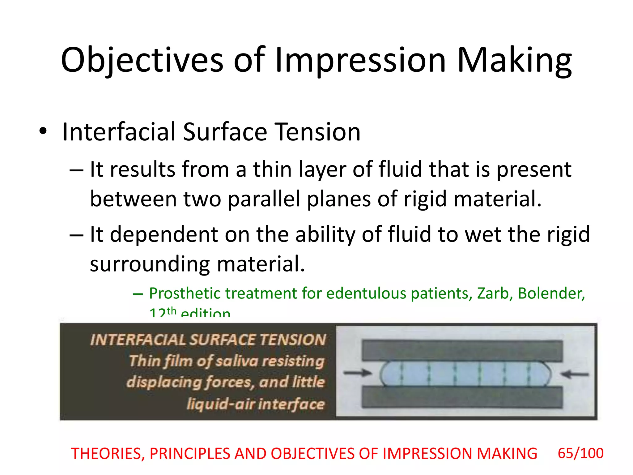Objectives of Impression Making
• Interfacial Surface Tension
– It results from a thin layer of fluid that is present
between two parallel planes of rigid material.
– It dependent on the ability of fluid to wet the rigid
surrounding material.
– Prosthetic treatment for edentulous patients, Zarb, Bolender,
12th edition.
THEORIES, PRINCIPLES AND OBJECTIVES OF IMPRESSION MAKING 65/100
 