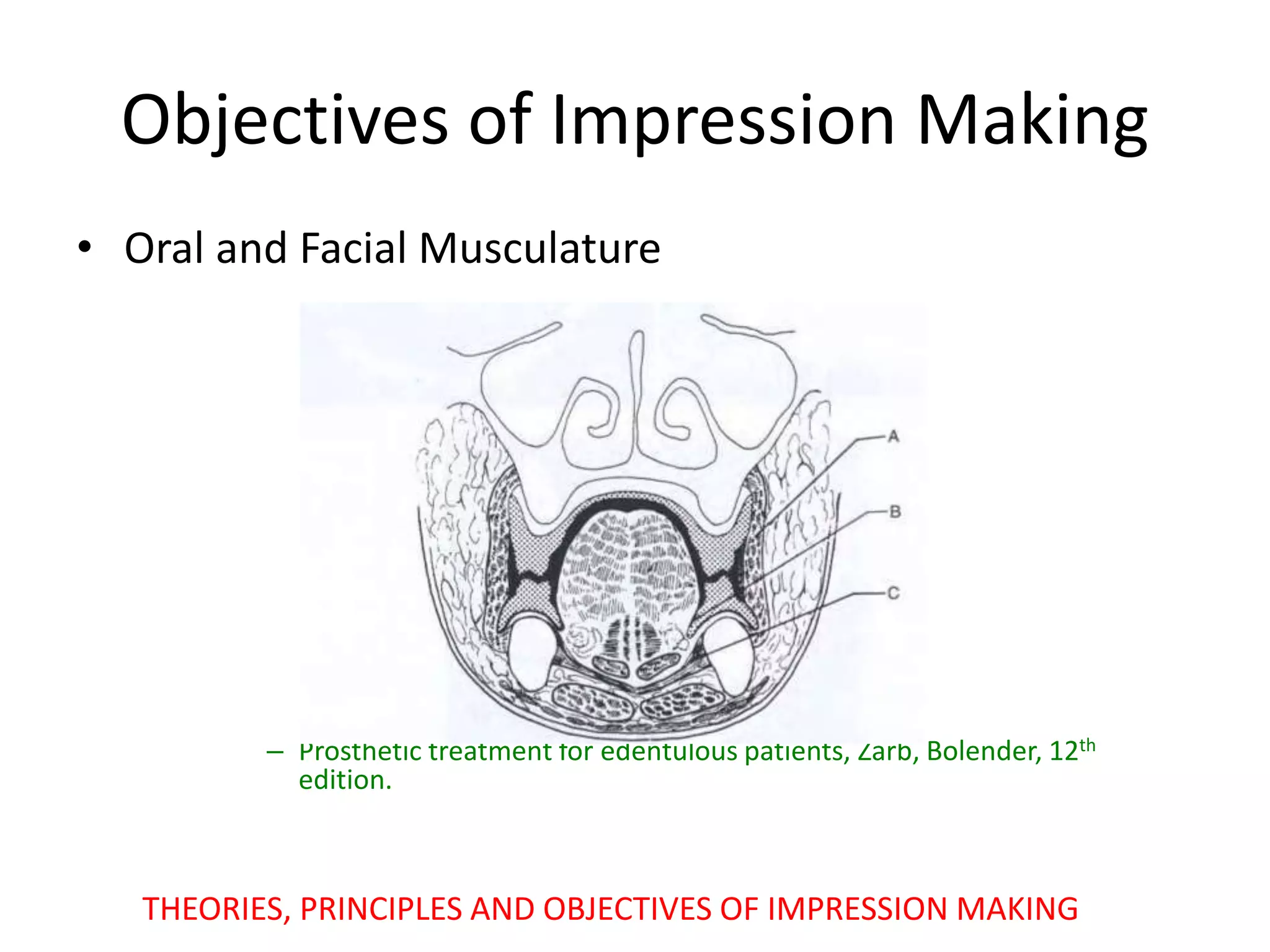 Objectives of Impression Making
• Oral and Facial Musculature
– Prosthetic treatment for edentulous patients, Zarb, Bolender, 12th
edition.
THEORIES, PRINCIPLES AND OBJECTIVES OF IMPRESSION MAKING
 
