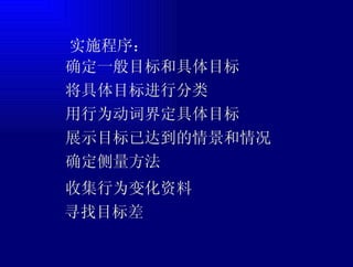  实施程序： 确定一般目标和具体目标 将具体目标进行分类 用行为动词界定具体目标 确定侧量方法 收集行为变化资料 展示目标已达到的情景和情况 寻找目标差 