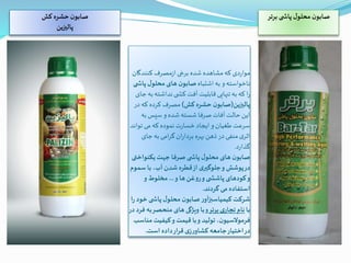 ‫کنندگان‬ ‫مصرف‬‫ز‬‫ا‬ ‫برخی‬ ‫شده‬ ‫مشاهده‬‫که‬ ‫دی‬‫ر‬‫موا‬
‫اشتباه‬ ‫به‬ ‫و‬‫ناخواسته‬‫ی‬ ‫پاش‬ ‫ل‬‫محلو‬ ‫های‬ ‫ن‬‫صابو‬
‫ج‬‫به‬‫نداشته‬‫ی‬ ‫کش‬‫آفت‬ ‫قابلیت‬ ‫تنهایی‬‫به‬‫که‬‫ا‬‫ر‬‫ای‬
‫پالیزین‬(‫کش‬ ‫حشره‬ ‫ن‬‫صابو‬)‫در‬‫که‬ ‫کرده‬ ‫مصرف‬
‫به‬ ‫سپس‬ ‫و‬ ‫شده‬‫شسته‬ ‫صرفا‬‫آفات‬ ‫حالت‬‫این‬
‫تواند‬ ‫می‬‫که‬ ‫نموده‬ ‫ت‬‫ر‬‫خسا‬‫ایجاد‬ ‫و‬ ‫طغیان‬ ‫سرعت‬
‫جای‬‫به‬‫امی‬‫ر‬‫گ‬‫ان‬‫ر‬‫بردا‬ ‫بهره‬ ‫ذهن‬ ‫در‬ ‫منفی‬‫ی‬‫اثر‬
‫د‬‫ر‬‫گذا‬.
‫یکنواختی‬ ‫جهت‬ ‫صرفا‬ ‫ی‬ ‫پاش‬ ‫ل‬‫محلو‬ ‫های‬ ‫ن‬‫صابو‬
‫سموم‬ ‫با‬ ،‫آب‬ ‫شدن‬‫قطره‬‫از‬ ‫ی‬‫جلوگیر‬‫و‬ ‫پوشش‬‫در‬
‫و‬ ‫ها‬‫روغن‬‫و‬ ‫ی‬ ‫پاشش‬‫کودهای‬‫و‬...‫و‬ ‫مخلوط‬
‫گردند‬ ‫می‬ ‫استفاده‬.
‫ا‬‫ر‬ ‫خود‬ ‫ی‬ ‫پاش‬ ‫ل‬‫محلو‬ ‫ن‬‫صابو‬‫ر‬‫کیمیاسبزآو‬ ‫شرکت‬
‫با‬‫برتر‬ ‫ی‬‫تجار‬ ‫نام‬‫فر‬ ‫به‬‫منحصر‬ ‫های‬ ‫ویژگی‬ ‫با‬‫و‬‫در‬ ‫د‬
‫مناسب‬‫کیفیت‬‫و‬‫قیمت‬ ‫با‬‫و‬ ‫تولید‬ ،‫ن‬‫فرموالسیو‬
‫است‬ ‫داده‬‫قرار‬‫ی‬‫ز‬‫ر‬‫کشاو‬ ‫جامعه‬‫اختیار‬‫در‬.
‫برتر‬ ‫ی‬ ‫پاش‬‫ل‬‫محلو‬ ‫ن‬‫صابو‬‫کش‬ ‫حشره‬ ‫ن‬‫صابو‬
‫پالیزین‬
 