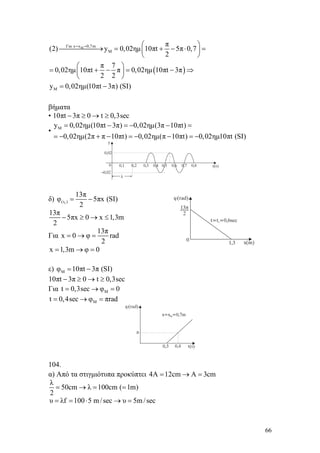 66
( )
MΓια x x 0,7m
M
M
π
(2) y 0,02ημ 10πt 5π 0,7
2
π 7
0,02ημ 10πt π 0,02ημ 10πt 3π
2 2
y 0,02ημ(10πt 3π) (SI)
= = ⎛ ⎞
⎯⎯⎯⎯⎯→ = + − ⋅ =⎜ ⎟
⎝ ⎠
⎛ ⎞
= + − = − ⇒⎜ ⎟
⎝ ⎠
= −
βήματα
• 10πt 3π 0 t 0,3sec− ≥ → ≥
• My 0,02ημ(10πt 3π) 0,02ημ(3π 10πt)
0,02ημ(2π π 10πt) 0,02ημ(π 10πt) 0,02ημ10πt (SI)
= − = − − =
= − + − = − − = −
δ) 1(t )
13π
φ 5πx (SI)
2
= −
13π
5πx 0 x 1,3m
2
− ≥ → ≤
Για
13π
x 0 φ rad
2
= → =
x 1,3m φ 0= → =
ε) Μφ 10πt 3π (SI)= −
10πt 3π 0 t 0,3sec− ≥ → ≥
Για Μt 0,3sec φ 0= → =
Μt 0,4sec φ πrad= → =
104.
α) Από τα στιγμιότυπα προκύπτει 4A 12cm A 3cm= → =
λ
50cm λ 100cm ( 1m)
2
= → = =
υ λf 100 5 m/sec υ 5m/sec= = ⋅ → =
 