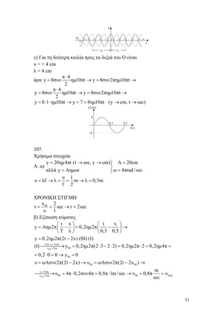 71
γ) Για τη δεύτερη κοιλία προς τα δεξιά του Ο είναι
x = + 4 cm
λ = 4 cm
άρα
π 4
y 8συν ημ10πt y 8συν2πημ10πt
2
⋅
= → = →
π 4
y 8συν ημ10πt y 8συν2πημ10πt
2
⋅
= → = →
y 8 1 ημ10πt y 7 8ημ10πt= ⋅ ⋅ → = = (y cm, t sec)→ →
107.
Χρήσιμα στοιχεία
Α. α)
y 20ημ4πt (t sec, y cm) A 20cm
ω 4πrad/secαλλά y Aημωt
= → → =⎫
⎬
== ⎭
υ 1
υ λf λ m λ 0,5m
f 2
= → = = → =
ΧΡΟΝΙΚΗ ΣΤΙΓΜΗ
Mx 2
t sec t 2sec
υ 1
= = → =
β) Εξίσωση κύματος
t x t x
y Aημ2π 0,2ημ2π
T λ 0,5 0,5
y 0,2ημ2π(2t 2x) (SI) (1)
⎛ ⎞⎛ ⎞
= − = − →⎜ ⎟ ⎜ ⎟
⎝ ⎠ ⎝ ⎠
= −
1
M
1
M
Για t 3sec
Mx 2m
M
Μ M
t 3sec
Μ Μ maxx 2m
(1) y 0,2ημ2π(2 3 2 2) 0,2ημ2π 2 0,2ημ4π
0,2 0 0 y 0
υ ωΑσυν2π(2t 2x) υ ωΑσυν2π(2t 2x )
m
υ 4π 0,2συν4π 0,8π 1m/sec υ 0,8π υ
sec
=
=
=
=
⎯⎯⎯⎯→ = ⋅ − ⋅ = ⋅ = =
= ⋅ = → =
= − → = − →
⎯⎯⎯→ = ⋅ = ⋅ → = =
 