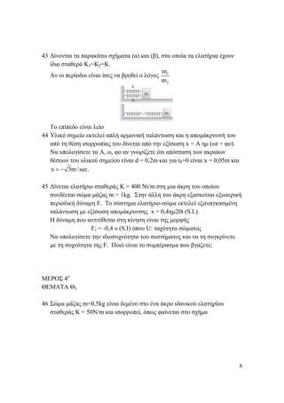 8
43 Δίνονται τα παρακάτω σχήματα (α) και (β), στα οποία τα ελατήρια έχουν
ίδια σταθερά Κ1=Κ2=Κ.
Αν οι περίοδοι είναι ίσες να βρεθεί ο λόγος 1
2
m
m
Το επίπεδο είναι λείο
44 Υλικό σημείο εκτελεί απλή αρμονική ταλάντωση και η απομάκρυνσή του
από τη θέση ισορροπίας του δίνεται από την εξίσωση x = A ημ (ωt + φο).
Να υπολογίσετε τα Α, ω, φο αν γνωρίζετε ότι απόσταση των ακραίων
θέσεων του υλικού σημείου είναι d = 0,2m και για t0=0 είναι x = 0,05m και
υ 3m/sec.= −
45 Δίνεται ελατήριο σταθεράς K = 400 Nt/m στη μια άκρη του οποίου
συνδέεται σώμα μάζας m = 1kg. Στην άλλη του άκρη εξασκείται εξωτερική
περιοδική δύναμη F. Το σύστημα ελατήριο-σώμα εκτελεί εξαναγκασμένη
ταλάντωση με εξίσωση απομάκρυνσης x = 0,4ημ20t (S.I.).
Η δύναμη που αντιτίθεται στη κίνηση είναι της μορφής
F; = -0,4 υ (S.I) όπου U: ταχύτητα σώματος
Να υπολογίσετε την ιδιοσυχνότητα του συστήματος και να τη συγκρίνετε
με τη συχνότητα της F. Ποιό είναι το συμπέρασμα που βγάζετε;
ΜΕΡΟΣ 4ο
ΘΕΜΑΤΑ Θ3
46 Σώμα μάζας m=0,5kg είναι δεμένο στο ένα άκρο ιδανικού ελατηρίου
σταθεράς K = 50N/m και ισορροπεί, όπως φαίνεται στο σχήμα
 