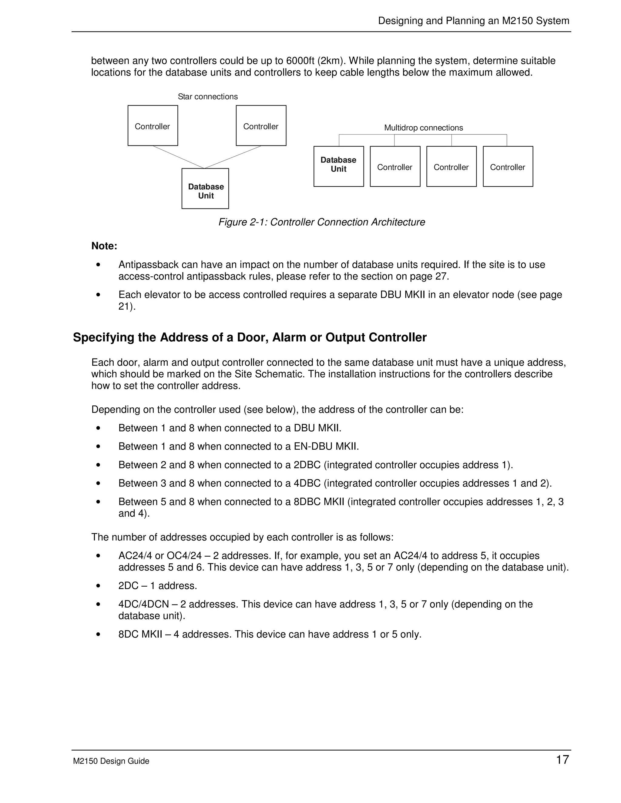 Designing and Planning an M2150 System
M2150 Design Guide 17
between any two controllers could be up to 6000ft (2km). While planning the system, determine suitable
locations for the database units and controllers to keep cable lengths below the maximum allowed.
Database
Unit
Multidrop connections
Star connections
Controller Controller
Controller
Database
Unit Controller Controller
Figure 2-1: Controller Connection Architecture
Note:
• Antipassback can have an impact on the number of database units required. If the site is to use
access-control antipassback rules, please refer to the section on page 27.
• Each elevator to be access controlled requires a separate DBU MKII in an elevator node (see page
21).
Specifying the Address of a Door, Alarm or Output Controller
Each door, alarm and output controller connected to the same database unit must have a unique address,
which should be marked on the Site Schematic. The installation instructions for the controllers describe
how to set the controller address.
Depending on the controller used (see below), the address of the controller can be:
• Between 1 and 8 when connected to a DBU MKII.
• Between 1 and 8 when connected to a EN-DBU MKII.
• Between 2 and 8 when connected to a 2DBC (integrated controller occupies address 1).
• Between 3 and 8 when connected to a 4DBC (integrated controller occupies addresses 1 and 2).
• Between 5 and 8 when connected to a 8DBC MKII (integrated controller occupies addresses 1, 2, 3
and 4).
The number of addresses occupied by each controller is as follows:
• AC24/4 or OC4/24 – 2 addresses. If, for example, you set an AC24/4 to address 5, it occupies
addresses 5 and 6. This device can have address 1, 3, 5 or 7 only (depending on the database unit).
• 2DC – 1 address.
• 4DC/4DCN – 2 addresses. This device can have address 1, 3, 5 or 7 only (depending on the
database unit).
• 8DC MKII – 4 addresses. This device can have address 1 or 5 only.
 