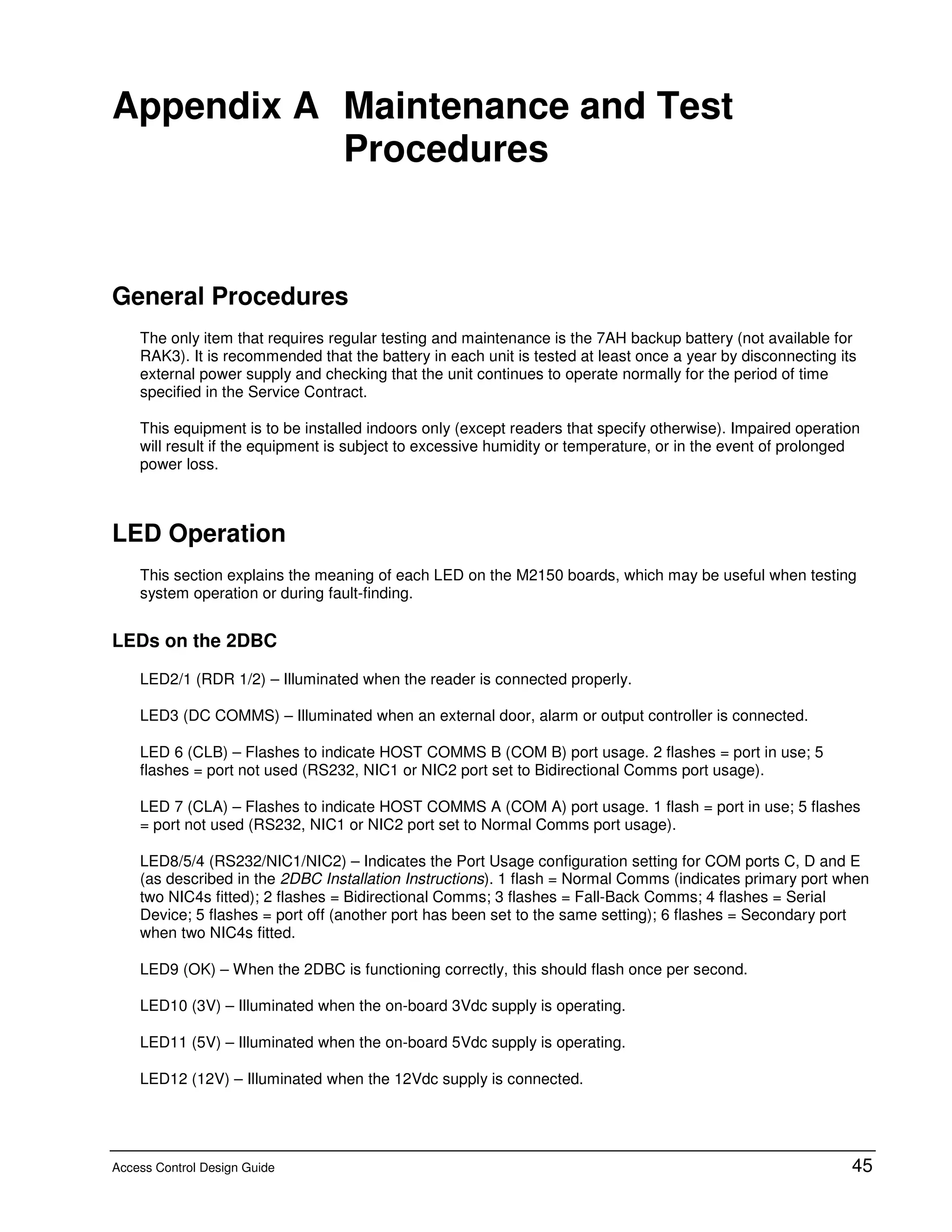 Access Control Design Guide 45
A Appendix A Maintenance and Test
Procedures
General Procedures
The only item that requires regular testing and maintenance is the 7AH backup battery (not available for
RAK3). It is recommended that the battery in each unit is tested at least once a year by disconnecting its
external power supply and checking that the unit continues to operate normally for the period of time
specified in the Service Contract.
This equipment is to be installed indoors only (except readers that specify otherwise). Impaired operation
will result if the equipment is subject to excessive humidity or temperature, or in the event of prolonged
power loss.
LED Operation
This section explains the meaning of each LED on the M2150 boards, which may be useful when testing
system operation or during fault-finding.
LEDs on the 2DBC
LED2/1 (RDR 1/2) – Illuminated when the reader is connected properly.
LED3 (DC COMMS) – Illuminated when an external door, alarm or output controller is connected.
LED 6 (CLB) – Flashes to indicate HOST COMMS B (COM B) port usage. 2 flashes = port in use; 5
flashes = port not used (RS232, NIC1 or NIC2 port set to Bidirectional Comms port usage).
LED 7 (CLA) – Flashes to indicate HOST COMMS A (COM A) port usage. 1 flash = port in use; 5 flashes
= port not used (RS232, NIC1 or NIC2 port set to Normal Comms port usage).
LED8/5/4 (RS232/NIC1/NIC2) – Indicates the Port Usage configuration setting for COM ports C, D and E
(as described in the 2DBC Installation Instructions). 1 flash = Normal Comms (indicates primary port when
two NIC4s fitted); 2 flashes = Bidirectional Comms; 3 flashes = Fall-Back Comms; 4 flashes = Serial
Device; 5 flashes = port off (another port has been set to the same setting); 6 flashes = Secondary port
when two NIC4s fitted.
LED9 (OK) – When the 2DBC is functioning correctly, this should flash once per second.
LED10 (3V) – Illuminated when the on-board 3Vdc supply is operating.
LED11 (5V) – Illuminated when the on-board 5Vdc supply is operating.
LED12 (12V) – Illuminated when the 12Vdc supply is connected.
 