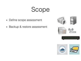 Scope
• Define scope assessment
• Backup & restore assessment
 