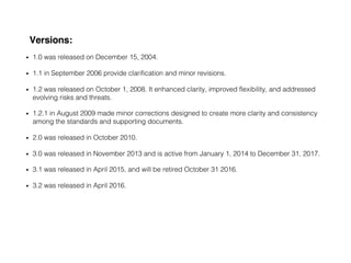 Versions:
• 1.0 was released on December 15, 2004.
• 1.1 in September 2006 provide clarification and minor revisions.
• 1.2 was released on October 1, 2008. It enhanced clarity, improved flexibility, and addressed
evolving risks and threats.
• 1.2.1 in August 2009 made minor corrections designed to create more clarity and consistency
among the standards and supporting documents.
• 2.0 was released in October 2010.
• 3.0 was released in November 2013 and is active from January 1, 2014 to December 31, 2017.
• 3.1 was released in April 2015, and will be retired October 31 2016.
• 3.2 was released in April 2016.
 