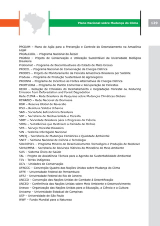 Plano Nacional sobre Mudança do Clima         129




PPCDAM – Plano de Ação para a Prevenção e Controle do Desmatamento na Amazônia
Legal
PROALCOOL – Programa Nacional do Álcool
PROBIO – Projeto de Conservação e Utilização Sustentável da Diversidade Biológica
Brasileira
Probiomat – Programa de Biocombustíveis do Estado de Mato Grosso
PROCEL – Programa Nacional de Conservação da Energia Elétrica
PRODES – Projeto de Monitoramento da Floresta Amazônica Brasileira por Satélite
Produsa – Programa de Produção Sustentável do Agronegócio
PROINFA – Programa de Incentivo às Fontes Alternativas de Energia Elétrica
PROPFLORA – Programa de Plantio Comercial e Recuperação de Florestas
REDD – Redução de Emissões do Desmatamento e Degradação Florestal ou Reducing
Emission from Deforestation and Forest Degradation
Rede CLIMA – Rede Brasileira de Pesquisas sobre Mudanças Climáticas Globais
RENABIO – Rede Nacional de Biomassa
RGR – Reserva Global de Reversão
RSU – Resíduos Sólidos Urbanos
SAB – Sociedade Astronômica Brasileira
SBF – Secretaria de Biodiversidade e Floresta
SBPC – Sociedade Brasileira para o Progresso da Ciência
SDOs – Substâncias que Destroem a Camada de Ozônio
SFB – Serviço Florestal Brasileiro
SIN – Sistema Interligado Nacional
SMCQ – Secretaria de Mudanças Climáticas e Qualidade Ambiental
SNCT – Semana Nacional de Ciência e Tecnologia
SOLDIESEL – Programa Mineiro de Desenvolvimento Tecnológico e Produção de Biodiesel
SRHU/MMA – Secretaria de Recursos Hídricos do Ministério do Meio Ambiente
SUS – Sistema Único de Saúde
TAL – Projeto de Assistência Técnica para a Agenda da Sustentabilidade Ambiental
TI’s – Terras Indígenas
UC’s – Unidades de Conservação
UFNCCC – Convenção-Quadro das Nações Unidas sobre Mudança do Clima
UFPE – Universidade Federal de Pernambuco
UFRJ – Universidade Federal do Rio de Janeiro
UNCCD – Convenção das Nações Unidas de Combate à Desertificação
UNCED – Conferência das Nações Unidas sobre Meio Ambiente e Desenvolvimento
Unesco – Organização das Nações Unidas para a Educação, a Ciência e a Cultura
Unicamp – Universidade Estadual de Campinas
USP – Universidade de São Paulo
WWF – Fundo Mundial para a Natureza
 