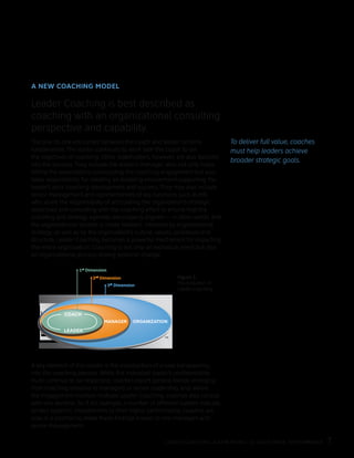 LEADER COACHING: A NEW MODEL TO ACCELERATE PERFORMANCE 7
A NEW COACHING MODEL
Leader Coaching is best described as
coaching with an organizational consulting
perspective and capability.
ORGANIZATIONMANAGER
1st
Dimension
2nd
Dimension
3rd
Dimension
COACH
LEADER
The one-to-one encounter between the coach and leader remains
fundamental. The leader continues to work with the coach to set
the objectives of coaching. Other stakeholders, however, are also factored
into the process. They include the leader’s manager, who not only helps
define the expectations surrounding the coaching engagement but also
takes responsibility for creating an enabling environment supporting the
leader’s post-coaching development and success. They may also include
senior management and representatives of key functions such as HR,
who share the responsibility of articulating the organization’s strategic
objectives and consulting with the coaching effort to ensure that the
coaching and strategy agendas are properly aligned — in other words, that
the organizational context is made relevant. Informed by organizational
strategy, as well as by the organization’s culture, values, processes and
structure, Leader Coaching becomes a powerful mechanism for impacting
the entire organization. Coaching is not only an individual event but also
an organizational process driving systemic change.
A key element of this model is the introduction of a new transparency
into the coaching process. While the individual leader’s confidentiality
must continue to be respected, coaches report general trends emerging
from coaching sessions to managers or senior leadership, and, where
the engagement involves multiple Leader Coaching, coaches also consult
with one another. So if, for example, a number of different leaders indicate
certain systemic impediments to their higher performance, coaches are
now in a position to make these findings known to line managers and
senior management.
To deliver full value, coaches
must help leaders achieve
broader strategic goals.
Figure 1
The Evolution of
Leader Coaching
 