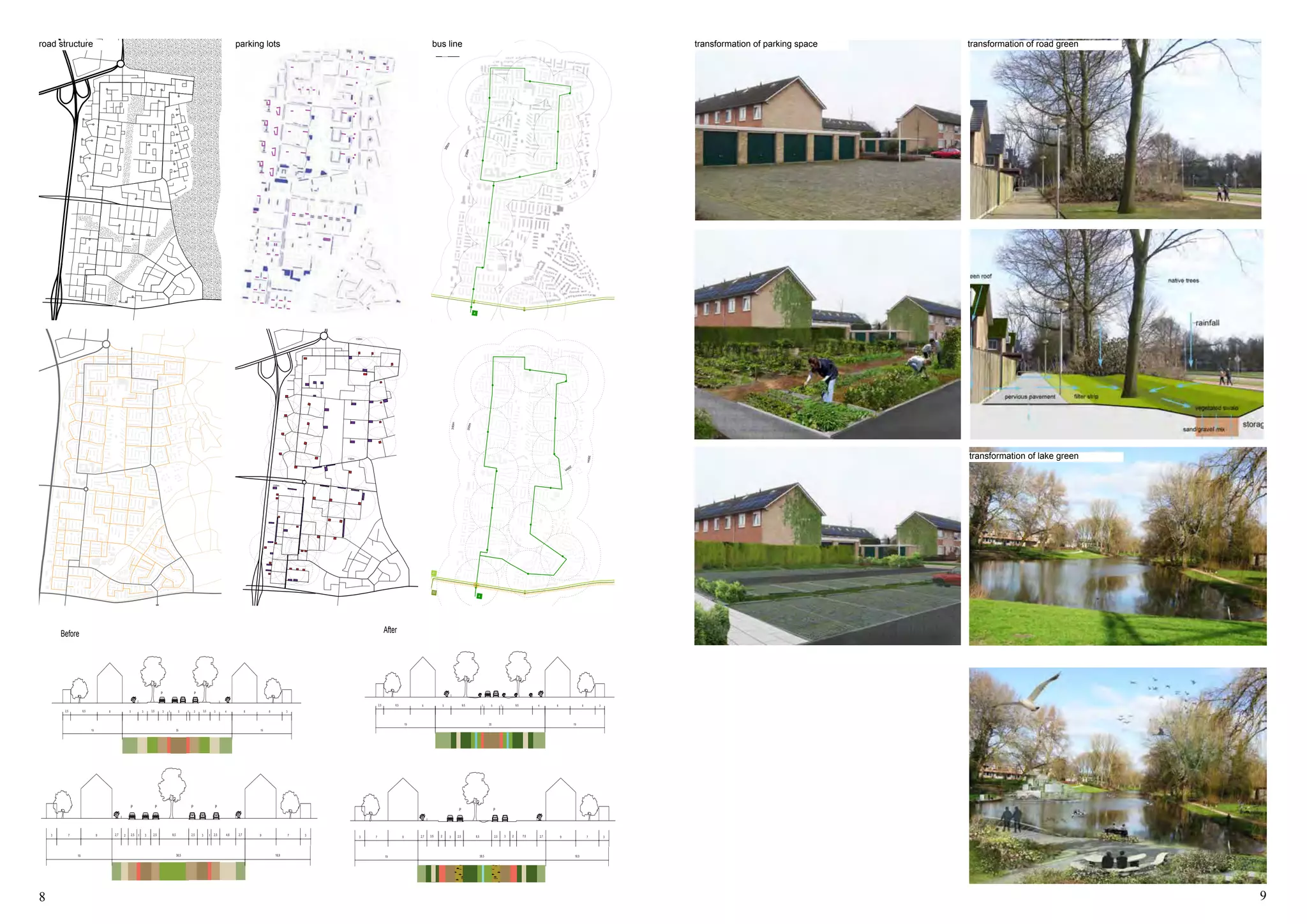 8 9
150m
150m
150m
350m
200m
350m
200m
4
22
HOV
21
350m
200m
350m
200m
422
21
9.5
7.53.5 22
9.5
P
P P
P
9.5 9.5
P P
9.5
7.53.5 22
9.5
P
P P
P P PP
P
9.5
7.53.5 22
9.5
P
P P
P
Before After
road structure parking lots bus line transformation of parking space transformation of road green
transformation of lake green
 
