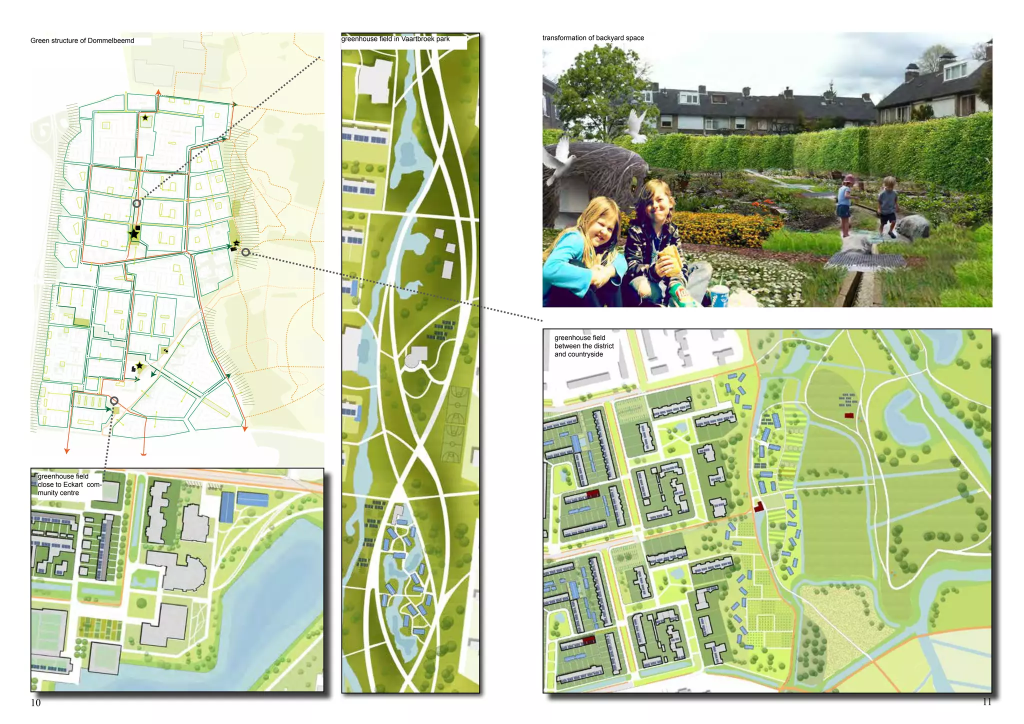 10 11
urban built area
housing in countryside
Trees
greenhouse field in Vaartbroek park
greenhouse field
close to Eckart com-
munity centre
greenhouse field
between the district
and countryside
transformation of backyard spaceGreen structure of Dommelbeemd
 