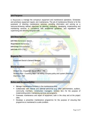 Page 1 of 7
Job Purpose
Is Responsible to manage the company’s equipment and maintenance operations. Schedules
and prioritizes equipment repairs and maintenance. The job of maintenance Director is for the
purpose/s of directing maintenance services; providing information and serving as a
resourse.Achieving defined objectives by planning, evaluating, developing, implementing and
maintaining services in compliance with established guidelines, and regulations: and
supervising and directing assigned staff.
Job Description
JobTitle:Maintenance Director
Department:Maintenance
JobGroup:DirectorGroup
JobCode:MTD-2-001
Reports To
Equipment Sector’s General Manager
Worklocation
Al-Ayuni Co. -Equipment Sector office – HQ
Working time – 5 working days – as exiting company policy and system (9hrs/day)
Over time – N/A
Roles and Responsibility
 Manage maintenance functions in the maintenance shop.
 Collaborates with internal and external personnel (e.g. other administrators, auditors,
community members, construction managers, vendors etc.) for the purpose of
implementing and/or maintaining services and programs.
 Oversees maintenance and repair of equipment, both in the shop and at the project
sites.
 Develops a preventive maintenance programme for the purpose of ensuring that
programme is maintained in a safe condition.
 