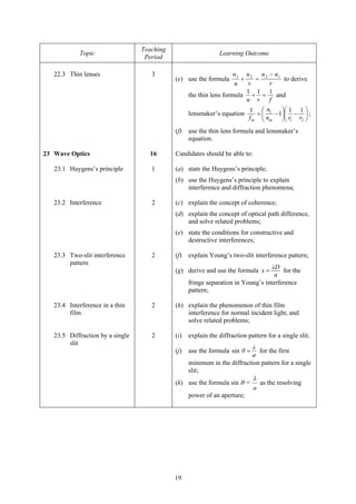 19
Topic
Teaching
Period
Learning Outcome
22.3 Thin lenses 3
(e) use the formula
n
u
n
v
n n
r
1 2 2 1
+ =
−
to derive
the thin lens formula
1 1 1
u v f
+ = and
lensmaker’s equation ⎟
⎠
⎞
⎜
⎝
⎛
−⎟
⎠
⎞
⎜
⎝
⎛
−=
21
11
1
1
rrn
n
f m
l
m
;
(f) use the thin lens formula and lensmaker’s
equation.
23 Wave Optics
23.1 Huygens’s principle
16
1
Candidates should be able to:
(a) state the Huygens’s principle;
(b) use the Huygens’s principle to explain
interference and diffraction phenomena;
23.2 Interference 2 (c) explain the concept of coherence;
(d) explain the concept of optical path difference,
and solve related problems;
(e) state the conditions for constructive and
destructive interferences;
23.3 Two-slit interference
pattern
2 (f) explain Young’s two-slit interference pattern;
(g) derive and use the formula
a
Dλ
x = for the
fringe separation in Young’s interference
pattern;
23.4 Interference in a thin
film
2 (h) explain the phenomenon of thin film
interference for normal incident light, and
solve related problems;
23.5 Diffraction by a single
slit
2 (i) explain the diffraction pattern for a single slit;
(j) use the formula
a
λ
θ =sin for the first
minimum in the diffraction pattern for a single
slit;
(k) use the formula sin θ =
a
λ
as the resolving
power of an aperture;
 
