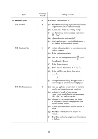 22
Topic
Teaching
Period
Learning Outcome
25 Nuclear Physics 14 Candidates should be able to:
25.1 Nucleus 4 (a) describe the discovery of protons and neutrons
(experimental details are not required);
(b) explain mass defect and binding energy;
(c) use the formula for mass-energy equivalence
ΔE = Δmc2
;
(d) relate and use the units u and eV;
(e) sketch and interpret a graph of binding energy
per nucleon against nucleon number;
25.2 Radioactivity 6 (f) explain radioactive decay as a spontaneous and
random process;
(g) define radioactive activity;
(h) state and use the exponential law N
t
N
λ−=
d
d
for radioactive decay;
(i) define decay constant;
(j) derive and use the formula t
NN λ−
= e0 ;
(k) define half-life, and derive the relation
2
1
2ln
t
=λ ;
(l) solve problems involving the applications of
radioisotopes as tracers in medical physics;
25.3 Nuclear reactions 4 (m) state and apply the conservation of nucleon
number and charge in nuclear reactions;
(n) apply the principle of mass-energy
conservation to calculate the energy released
(Q – value) in a nuclear reaction;
(o) relate the occurrence of fission and fusion
to the graph of binding energy per nucleon
against nucleon number;
(p) explain the conditions for a chain reaction to
occur;
(q) describe a controlled fission process in a
reactor;
(r) describe a nuclear fusion process which occurs
in the Sun.
 