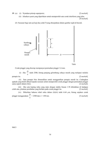 79
19 (a) (i) Nyatakan prinsip superposisi. [2 markah]
(ii) Jelaskan syarat yang diperlukan untuk memperoleh satu corak interferen yang jelas.
[4 markah]
(b) Susunan bagi satu uji kaji dua celah Young ditunjukkan dalam gambar rajah di bawah.
Corak pinggir yang dicerap mempunyai pemisahan pinggir 1.6 mm.
(i) Jika
a
D
ialah 2500, hitung panjang gelombang cahaya merah yang melepasi melalui
penapis itu. [2 markah]
(ii) Satu penapis biru dimasukkan untuk menggantikan penapis merah itu. Cadangkan
apakah yang boleh dibuat kepada susunan untuk memperoleh corak pinggir dengan pemisahan pinggir
sama seperti dalam (b)(i). [2 markah]
(iii) Jika satu keping mika yang nipis dengan indeks biasan 1.58 diletakkan di hadapan
celah atas, jelaskan perubahan yang berlaku pada corak pinggir itu. [2 markah]
(iv) Diberikan bahawa tebal mika dalam (b)(iii) ialah 6.64 µm, hitung anjakan corak
pinggir menggunakan
a
D
= 2500 dan λ = 450 nm. [3 markah]
960/3
a
Penapis
merah D
Tabir
Sumber
cahaya
 