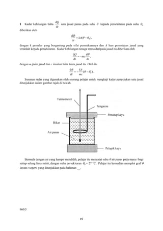 89
1 Kadar kehilangan haba
t
Q
d
d
satu jasad panas pada suhu θ kepada persekitaran pada suhu 0θ
diberikan oleh
),(
d
d
0θθ −= kA
t
Q
dengan k pemalar yang bergantung pada sifat permukaannya dan A luas permukaan jasad yang
terdedah kepada persekitaran. Kadar kehilangan tenaga terma daripada jasad itu diberikan oleh
t
mc
t
Q
d
d
d
d θ
−= ,
dengan m jisim jasad dan c muatan haba tentu jasad itu. Oleh itu
)(
d
d
0θθ
θ
−−=
mc
kA
t
.
Susunan radas yang digunakan oleh seorang pelajar untuk mengkaji kadar penyejukan satu jasad
ditunjukkan dalam gambar rajah di bawah.
Bermula dengan air yang hampir mendidih, pelajar itu mencatat suhu θ air panas pada masa t bagi
setiap selang lima minit, dengan suhu persekitaran 0θ = 27 °C. Pelajar itu kemudian memplot graf θ
lawan t seperti yang ditunjukkan pada halaman __.
960/5
Termometer
Bikar
Air panas
Pengacau
Penutup kayu
Pelapik kayu
 