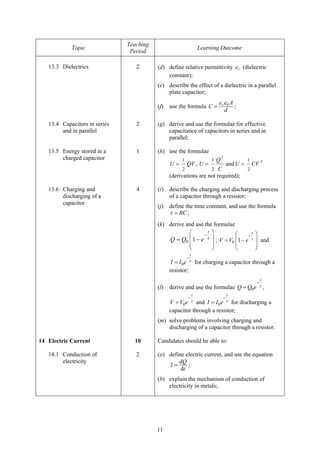 Teaching
            Topic                                                    Learning Outcome
                                Period

   13.3 Dielectrics               2       (d) define relative permittivity ε r (dielectric
                                              constant);
                                          (e) describe the effect of a dielectric in a parallel
                                              plate capacitor;
                                                                              ε rε 0 A
                                          (f)   use the formula C =                        ;
                                                                                   d

   13.4 Capacitors in series      2       (g) derive and use the formulae for effective
        and in parallel                       capacitance of capacitors in series and in
                                              parallel;

   13.5 Energy stored in a        1       (h) use the formulae
        charged capacitor                            1                    1   Q2                 1
                                                U=       QV , U =                      and U =       CV 2
                                                      2           2 C                            2
                                                (derivations are not required);

   13.6 Charging and              4       (i)   describe the charging and discharging process
        discharging of a                        of a capacitor through a resistor;
        capacitor
                                          (j)   define the time constant, and use the formula
                                                τ = RC ;
                                          (k) derive and use the formulae
                                                       ⎛     −
                                                               t          ⎞          ⎛     −
                                                                                             t        ⎞
                                                Q = Q0 ⎜1 − e τ           ⎟ , V = V0 ⎜1 − e τ         ⎟ and
                                                       ⎜                  ⎟          ⎜                ⎟
                                                       ⎝                  ⎠          ⎝                ⎠
                                                             t
                                                         −
                                                 I = I 0 e τ for charging a capacitor through a
                                                resistor;
                                                                                                          t
                                                                                                      −
                                          (l)   derive and use the formulae Q = Q0 e                      τ   ,
                                                                 t                     t
                                                         −                         −
                                                V = V0 e τ and I = I 0 e τ for discharging a
                                                capacitor through a resistor;
                                          (m) solve problems involving charging and
                                              discharging of a capacitor through a resistor.

14 Electric Current              10       Candidates should be able to:

   14.1 Conduction of             2       (a) define electric current, and use the equation
        electricity                               dQ
                                              I=      ;
                                                   dt
                                          (b) explain the mechanism of conduction of
                                              electricity in metals;




                                          11
 