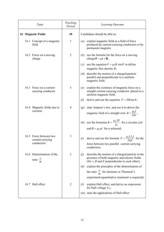 Teaching
            Topic                                             Learning Outcome
                                  Period

16 Magnetic Fields                 18       Candidates should be able to:

   16.1 Concept of a magnetic       1       (a) explain magnetic field as a field of force
        field                                   produced by current-carrying conductors or by
                                                permanent magnets;

   16.2 Force on a moving           3       (b) use the formula for the force on a moving
        charge                                  charge F = qv × B ;
                                            (c) use the equation F = qvB sin θ to define
                                                magnetic flux density B;
                                            (d) describe the motion of a charged particle
                                                parallel and perpendicular to a uniform
                                                magnetic field;

   16.3 Force on a current-         3       (e) explain the existence of magnetic force on a
        carrying conductor                      straight current-carrying conductor placed in a
                                                uniform magnetic field;
                                            (f)   derive and use the equation F = IlB sin θ ;

   16.4 Magnetic fields due to      4       (g) state Ampere’s law, and use it to derive the
        currents                                                                      μI
                                                magnetic field of a straight wire B = 0 ;
                                                                                      2πr
                                                                         μ 0 NI
                                            (h) use the formulae B =            for a circular coil
                                                                           2r
                                                  and B = μ 0 nI for a solenoid;

   16.5 Force between two           3                                            μ0 I1I 2l
        current-carrying                    (i)   derive and use the formula F =           for the
                                                                                  2 πd
        conductors                                force between two parallel current-carrying
                                                  conductors;

   16.6 Determination of the        2       (j)   describe the motion of a charged particle in the
              e                                   presence of both magnetic and electric fields
        ratio
              m                                   (for v, B and E perpendicular to each other);
                                            (k) explain the principles of the determination of
                                                          e
                                                the ratio    for electrons in Thomson’s
                                                          m
                                                experiment (quantitative treatment is required);

   16.7 Hall effect                 2       (l)   explain Hall effect, and derive an expression
                                                  for Hall voltage VH ;
                                            (m) state the applications of Hall effect.




                                            13
 
