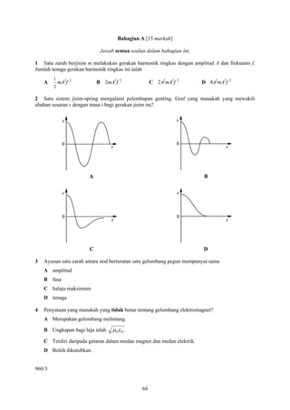 Bahagian A [15 markah]

                            Jawab semua soalan dalam bahagian ini.

1 Satu zarah berjisim m melakukan gerakan harmonik ringkas dengan amplitud A dan frekuensi f.
Jumlah tenaga gerakan harmonik ringkas ini ialah
        1
    A       mA2f   2
                          B 2mA2f    2
                                                   C 2π2mA2f   2
                                                                        D 4π2mA2f   2
        2

2 Satu sistem jisim-spring mengalami pelembapan genting. Graf yang manakah yang mewakili
ubahan sesaran s dengan masa t bagi gerakan jisim itu?




3   Ayunan satu zarah antara nod berturutan satu gelombang pegun mempunyai sama
    A amplitud
    B fasa
    C halaju maksimum
    D tenaga

4   Penyataan yang manakah yang tidak benar tentang gelombang elektromagnet?
    A Merupakan gelombang melintang.

    B Ungkapan bagi laju ialah   μ 0ε 0 .
    C Terdiri daripada getaran dalam medan magnet dan medan elektrik.
    D Boleh dikutubkan.


960/3


                                              69
 