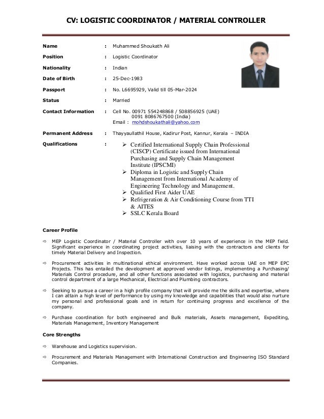 cv logistic coordinator material
