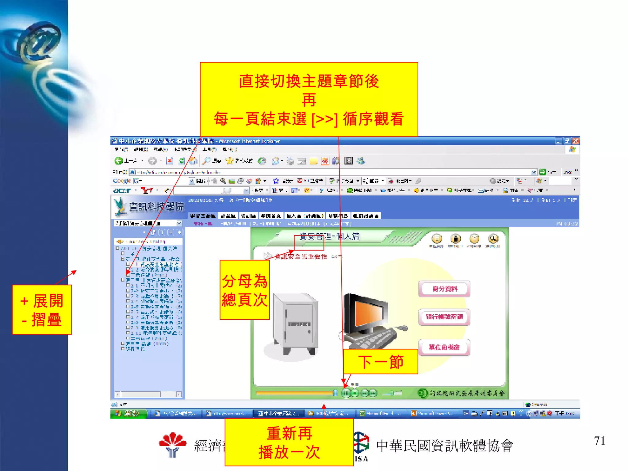 重新再 播放一次 下一節 + 展開 - 摺疊 直接切換主題章節後 再 每一頁結束選 [>>] 循序觀看 分母為 總頁次 