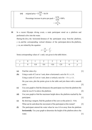 234
               (vi)   original price = $       = $4.50
                                           52
                                                                      0.70
                      Percentage increase in price per pack =              × 100%
                                                                      4.50
                                                                        5
                                                                   = 15 %
                                                                        9



10   In a recent Olympic diving event, a male participant stood on a platform and
     performed a dive into the water.
     During the dive, the horizontal distance of the participant away from the platform,
     x m, and the corresponding vertical distance of the participant above the platform,
     y m, are related by the equation
                                                  13    x2
                                             y=      x−    .
                                                  10    2
     Some corresponding values of x and y are given in the table below.


           x               0       1            2              3           4        5          6
           y               0       0.8         0.6        −0.6           −2.8       −6         p


     (a)          Find the value of p.                                                               [1]
     (b)          Using a scale of 2 cm to 1 unit, draw a horizontal x-axis for 0 ≤ x ≤ 6 .
                  Using a scale of 2 cm to 1 unit, draw a vertical y-axis for − 11 ≤ y ≤ 1 .
                  On your axes, plot the points given in the table and join them with a smooth
                  curve.                                                                             [3]
     (c)          Use your graph to find the distance(s) the participant was from the platform the
                  when he was 0.5 m above the platform.                                              [2]
     (d)          Use your graph to find the maximum height above the platform reached by the
                  participant.                                                                       [1]
     (e)          By drawing a tangent, find the gradient of the curve at the point (3, −0.6).
                  What can be said about the movement of the participant at this instant?            [3]
     (f)          The participant entered the water when he was 4.4 m away from the platform
                  horizontally. Use your graph to determine the height of the platform above the
                  water.                                                                             [1]
 