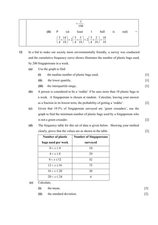 1
                                             =        .
                                                  190
                     (ii)    P       (at         least      1       ball   is     red)   =
                             ⎛ 3 14 ⎞ ⎛ 3 3 ⎞ ⎛ 3 2 ⎞ 18
                             ⎜ × ⎟ + 2⎜ × ⎟ + 2⎜ × ⎟ =
                             ⎝ 4 19 ⎠ ⎝ 4 19 ⎠ ⎝ 4 19 ⎠ 19


12   In a bid to make our society more environmentally friendly, a survey was conducted
     and the cumulative frequency curve shown illustrates the number of plastic bags used,
     by 200 Singaporeans in a week.
     (a)    Use the graph to find
            (i)       the median number of plastic bags used,                                 [1]
            (ii)      the lower quartile,                                                     [1]
            (iii)     the interquartile range,                                                [1]
     (b)    A person is considered to be a ‘reddie’ if he uses more than 18 plastic bags in
            a week. A Singaporean is chosen at random. Calculate, leaving your answer
            as a fraction in its lowest term, the probability of getting a ‘reddie’.          [2]
     (c)    Given that 19.5% of Singaporean surveyed are ‘green crusaders’, use the
            graph to find the minimum number of plastic bags used by a Singaporean who
            is not a green crusader.                                                          [2]
     (d)    The frequency table for this set of data is given below. Showing your method
            clearly, prove that the values are as shown in the table.                         [2]
                   Number of plastic        Number of Singaporeans
                  bags used per week                     surveyed
                       0< x≤4                              10
                       4< x≤8                              29
                       8 < x ≤ 12                          52
                      12 < x ≤ 16                          75
                      16 < x ≤ 20                          30
                      20 < x ≤ 24                           4
     (e)    Calculate,
            (i)       the mean,                                                               [3]
            (ii)      the standard deviation.                                                 [2]
 