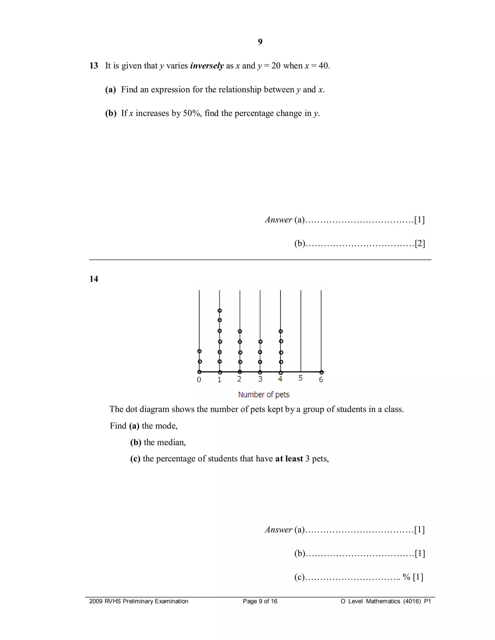 9

13 It is given that y varies inversely as x and y = 20 when x = 40.

     (a) Find an expression for the relationship between y and x.

     (b) If x increases by 50%, find the percentage change in y.




                                                      Answer (a)………………………………[1]

                                             (b)………………………………[2]
___________________________________________________________________________

14




      The dot diagram shows the number of pets kept by a group of students in a class.
      Find (a) the mode,
             (b) the median,
             (c) the percentage of students that have at least 3 pets,




                                                      Answer (a)………………………………[1]

                                                            (b)………………………………[1]

                                                            (c)………………………….. % [1]

2009 RVHS Preliminary Examination            Page 9 of 16                O Level Mathematics (4016) P1
 