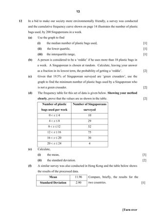 13

12   In a bid to make our society more environmentally friendly, a survey was conducted
     and the cumulative frequency curve shown on page 14 illustrates the number of plastic
     bags used, by 200 Singaporeans in a week.
     (a)    Use the graph to find
            (i)       the median number of plastic bags used,                                        [1]
            (ii)      the lower quartile,                                                            [1]
            (iii)     the interquartile range,                                                       [1]
     (b)    A person is considered to be a ‘reddie’ if he uses more than 18 plastic bags in
            a week. A Singaporean is chosen at random. Calculate, leaving your answer
            as a fraction in its lowest term, the probability of getting a ‘reddie’.                 [2]
     (c)    Given that 19.5% of Singaporean surveyed are ‘green crusaders’, use the
            graph to find the minimum number of plastic bags used by a Singaporean who
            is not a green crusader.                                                                 [2]
     (d)    The frequency table for this set of data is given below. Showing your method
            clearly, prove that the values are as shown in the table.                                [2]
                   Number of plastic        Number of Singaporeans
                  bags used per week                    surveyed
                       0< x≤4                             10
                       4< x≤8                             29
                       8 < x ≤ 12                         52
                      12 < x ≤ 16                         75
                      16 < x ≤ 20                         30
                      20 < x ≤ 24                          4
     (e)    Calculate,
            (i)       the mean,                                                                     [3]
            (ii)      the standard deviation.                                                       [2]
     (f)    A similar survey was also conducted in Hong Kong and the table below shows
            the results of the processed data.
                        Mean                 11.96         Compare, briefly, the results for the
              Standard Deviation                 2.90      two countries.                           [1]




                                                                                       [Turn over
 
