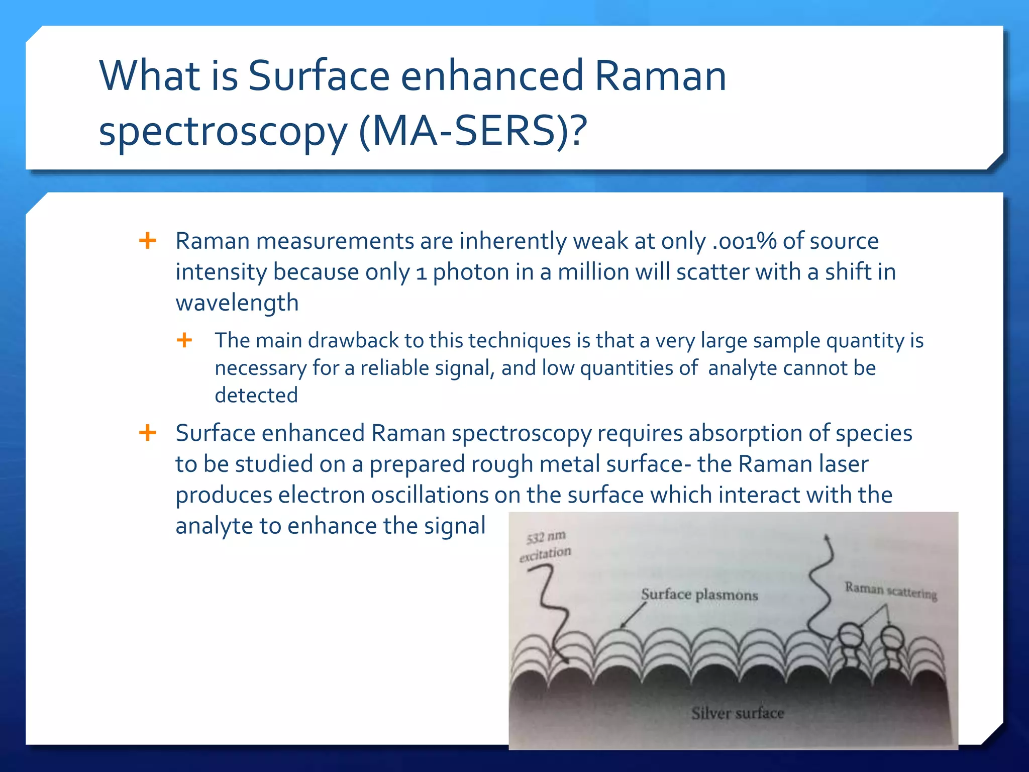What is Surface enhanced Raman
spectroscopy (MA-SERS)?
 Raman measurements are inherently weak at only .001% of source
intensity because only 1 photon in a million will scatter with a shift in
wavelength
 The main drawback to this techniques is that a very large sample quantity is
necessary for a reliable signal, and low quantities of analyte cannot be
detected
 Surface enhanced Raman spectroscopy requires absorption of species
to be studied on a prepared rough metal surface- the Raman laser
produces electron oscillations on the surface which interact with the
analyte to enhance the signal
 