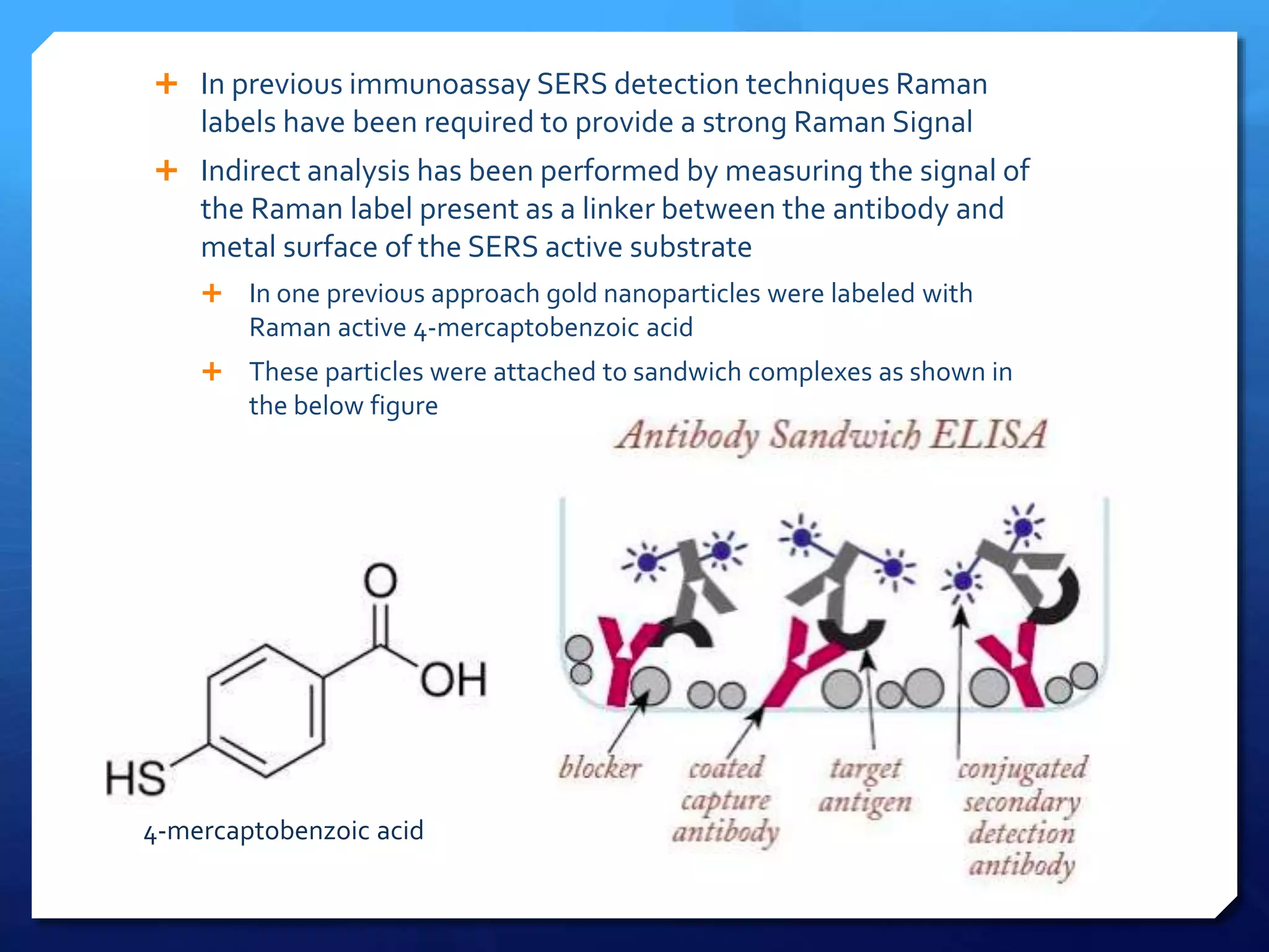  In previous immunoassay SERS detection techniques Raman
labels have been required to provide a strong Raman Signal
 Indirect analysis has been performed by measuring the signal of
the Raman label present as a linker between the antibody and
metal surface of the SERS active substrate
 In one previous approach gold nanoparticles were labeled with
Raman active 4-mercaptobenzoic acid
 These particles were attached to sandwich complexes as shown in
the below figure
4-mercaptobenzoic acid
 