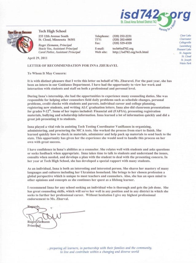 tech high school principal s recommendation letter for inna collier