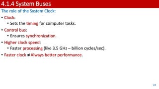 4.1.4 System Buses
The role of the System Clock:
• Clock:
• Sets the timing for computer tasks.
• Control bus:
• Ensures synchronization.
• Higher clock speed:
• Faster processing (like 3.5 GHz – billion cycles/sec).
• Faster clock ≠Always better performance.
22
 