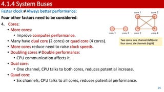 4.1.4 System Buses
Faster clock ≠Always better performance:
Four other factors need to be considered:
4. Cores:
• More cores:
• Improve computer performance.
• Many have dual core (2 cores) or quad core (4 cores).
• More cores reduce need to raise clock speeds.
• Doubling cores ≠Double performance:
• CPU communication affects it.
• Dual core:
• One channel, CPU talks to both cores, reduces potential increase.
• Quad core:
• Six channels, CPU talks to all cores, reduces potential performance.
25
Two cores, one channel (left) and
four cores, six channels (right)
 
