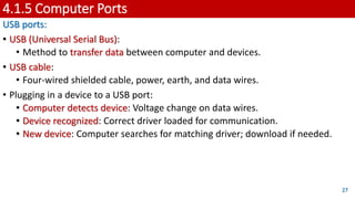 4.1.5 Computer Ports
USB ports:
• USB (Universal Serial Bus):
• Method to transfer data between computer and devices.
• USB cable:
• Four-wired shielded cable, power, earth, and data wires.
• Plugging in a device to a USB port:
• Computer detects device: Voltage change on data wires.
• Device recognized: Correct driver loaded for communication.
• New device: Computer searches for matching driver; download if needed.
27
 