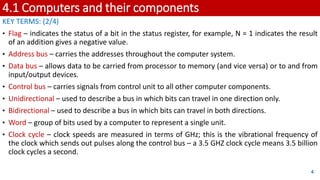 4.1 Computers and their components
KEY TERMS: (2/4)
• Flag – indicates the status of a bit in the status register, for example, N = 1 indicates the result
of an addition gives a negative value.
• Address bus – carries the addresses throughout the computer system.
• Data bus – allows data to be carried from processor to memory (and vice versa) or to and from
input/output devices.
• Control bus – carries signals from control unit to all other computer components.
• Unidirectional – used to describe a bus in which bits can travel in one direction only.
• Bidirectional – used to describe a bus in which bits can travel in both directions.
• Word – group of bits used by a computer to represent a single unit.
• Clock cycle – clock speeds are measured in terms of GHz; this is the vibrational frequency of
the clock which sends out pulses along the control bus – a 3.5 GHZ clock cycle means 3.5 billion
clock cycles a second.
4
 