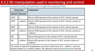 4.3.2 Bit manipulation used in monitoring and control
Instructions used to check, set and clear a single bit or group of bits:
60
 