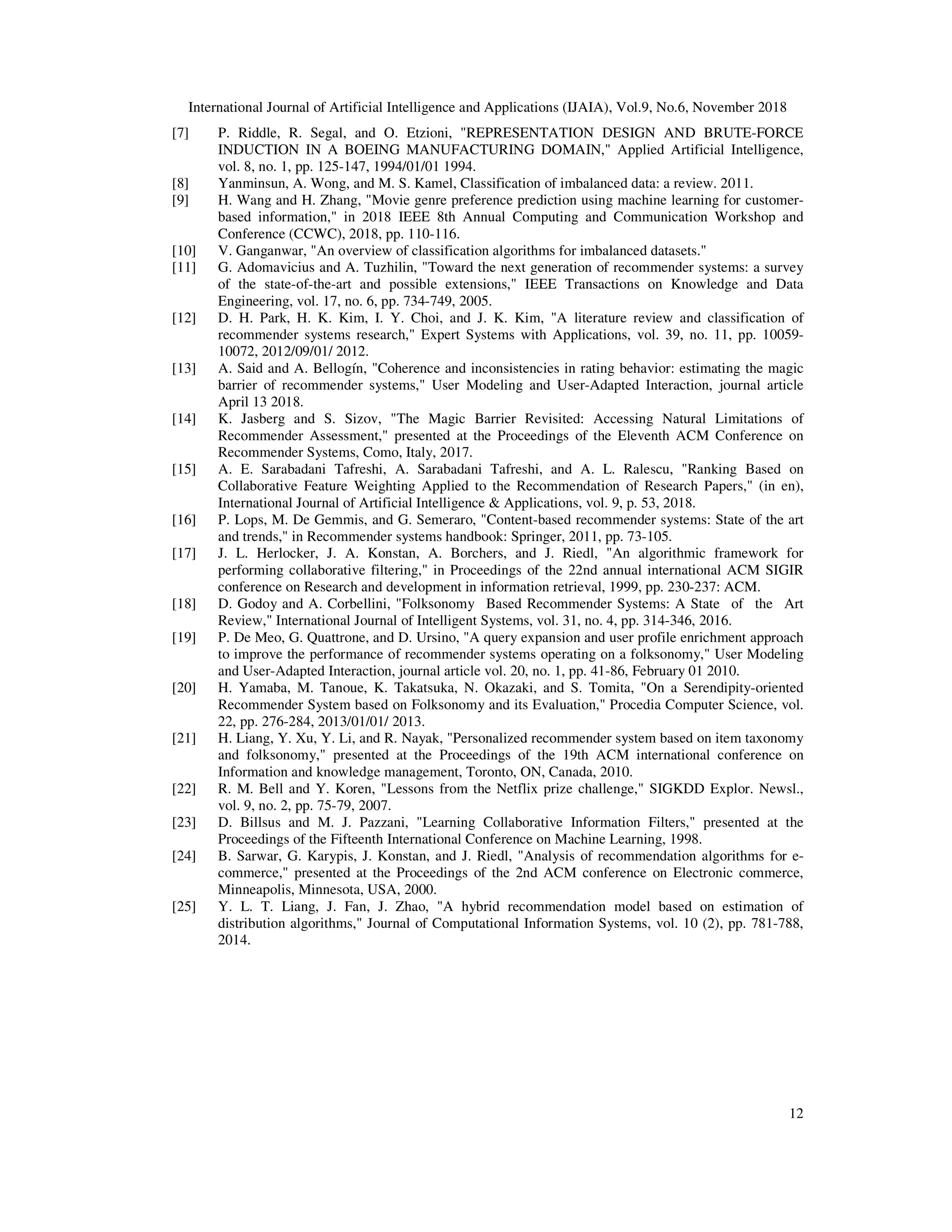 International Journal of Artificial Intelligence and Applications (IJAIA), Vol.9, No.6, November 2018
12
[7] P. Riddle, R. Segal, and O. Etzioni, "REPRESENTATION DESIGN AND BRUTE-FORCE
INDUCTION IN A BOEING MANUFACTURING DOMAIN," Applied Artificial Intelligence,
vol. 8, no. 1, pp. 125-147, 1994/01/01 1994.
[8] Yanminsun, A. Wong, and M. S. Kamel, Classification of imbalanced data: a review. 2011.
[9] H. Wang and H. Zhang, "Movie genre preference prediction using machine learning for customer-
based information," in 2018 IEEE 8th Annual Computing and Communication Workshop and
Conference (CCWC), 2018, pp. 110-116.
[10] V. Ganganwar, "An overview of classification algorithms for imbalanced datasets."
[11] G. Adomavicius and A. Tuzhilin, "Toward the next generation of recommender systems: a survey
of the state-of-the-art and possible extensions," IEEE Transactions on Knowledge and Data
Engineering, vol. 17, no. 6, pp. 734-749, 2005.
[12] D. H. Park, H. K. Kim, I. Y. Choi, and J. K. Kim, "A literature review and classification of
recommender systems research," Expert Systems with Applications, vol. 39, no. 11, pp. 10059-
10072, 2012/09/01/ 2012.
[13] A. Said and A. Bellogín, "Coherence and inconsistencies in rating behavior: estimating the magic
barrier of recommender systems," User Modeling and User-Adapted Interaction, journal article
April 13 2018.
[14] K. Jasberg and S. Sizov, "The Magic Barrier Revisited: Accessing Natural Limitations of
Recommender Assessment," presented at the Proceedings of the Eleventh ACM Conference on
Recommender Systems, Como, Italy, 2017.
[15] A. E. Sarabadani Tafreshi, A. Sarabadani Tafreshi, and A. L. Ralescu, "Ranking Based on
Collaborative Feature Weighting Applied to the Recommendation of Research Papers," (in en),
International Journal of Artificial Intelligence & Applications, vol. 9, p. 53, 2018.
[16] P. Lops, M. De Gemmis, and G. Semeraro, "Content-based recommender systems: State of the art
and trends," in Recommender systems handbook: Springer, 2011, pp. 73-105.
[17] J. L. Herlocker, J. A. Konstan, A. Borchers, and J. Riedl, "An algorithmic framework for
performing collaborative filtering," in Proceedings of the 22nd annual international ACM SIGIR
conference on Research and development in information retrieval, 1999, pp. 230-237: ACM.
[18] D. Godoy and A. Corbellini, "Folksonomy Based Recommender Systems: A State of the Art
Review," International Journal of Intelligent Systems, vol. 31, no. 4, pp. 314-346, 2016.
[19] P. De Meo, G. Quattrone, and D. Ursino, "A query expansion and user profile enrichment approach
to improve the performance of recommender systems operating on a folksonomy," User Modeling
and User-Adapted Interaction, journal article vol. 20, no. 1, pp. 41-86, February 01 2010.
[20] H. Yamaba, M. Tanoue, K. Takatsuka, N. Okazaki, and S. Tomita, "On a Serendipity-oriented
Recommender System based on Folksonomy and its Evaluation," Procedia Computer Science, vol.
22, pp. 276-284, 2013/01/01/ 2013.
[21] H. Liang, Y. Xu, Y. Li, and R. Nayak, "Personalized recommender system based on item taxonomy
and folksonomy," presented at the Proceedings of the 19th ACM international conference on
Information and knowledge management, Toronto, ON, Canada, 2010.
[22] R. M. Bell and Y. Koren, "Lessons from the Netflix prize challenge," SIGKDD Explor. Newsl.,
vol. 9, no. 2, pp. 75-79, 2007.
[23] D. Billsus and M. J. Pazzani, "Learning Collaborative Information Filters," presented at the
Proceedings of the Fifteenth International Conference on Machine Learning, 1998.
[24] B. Sarwar, G. Karypis, J. Konstan, and J. Riedl, "Analysis of recommendation algorithms for e-
commerce," presented at the Proceedings of the 2nd ACM conference on Electronic commerce,
Minneapolis, Minnesota, USA, 2000.
[25] Y. L. T. Liang, J. Fan, J. Zhao, "A hybrid recommendation model based on estimation of
distribution algorithms," Journal of Computational Information Systems, vol. 10 (2), pp. 781-788,
2014.
 