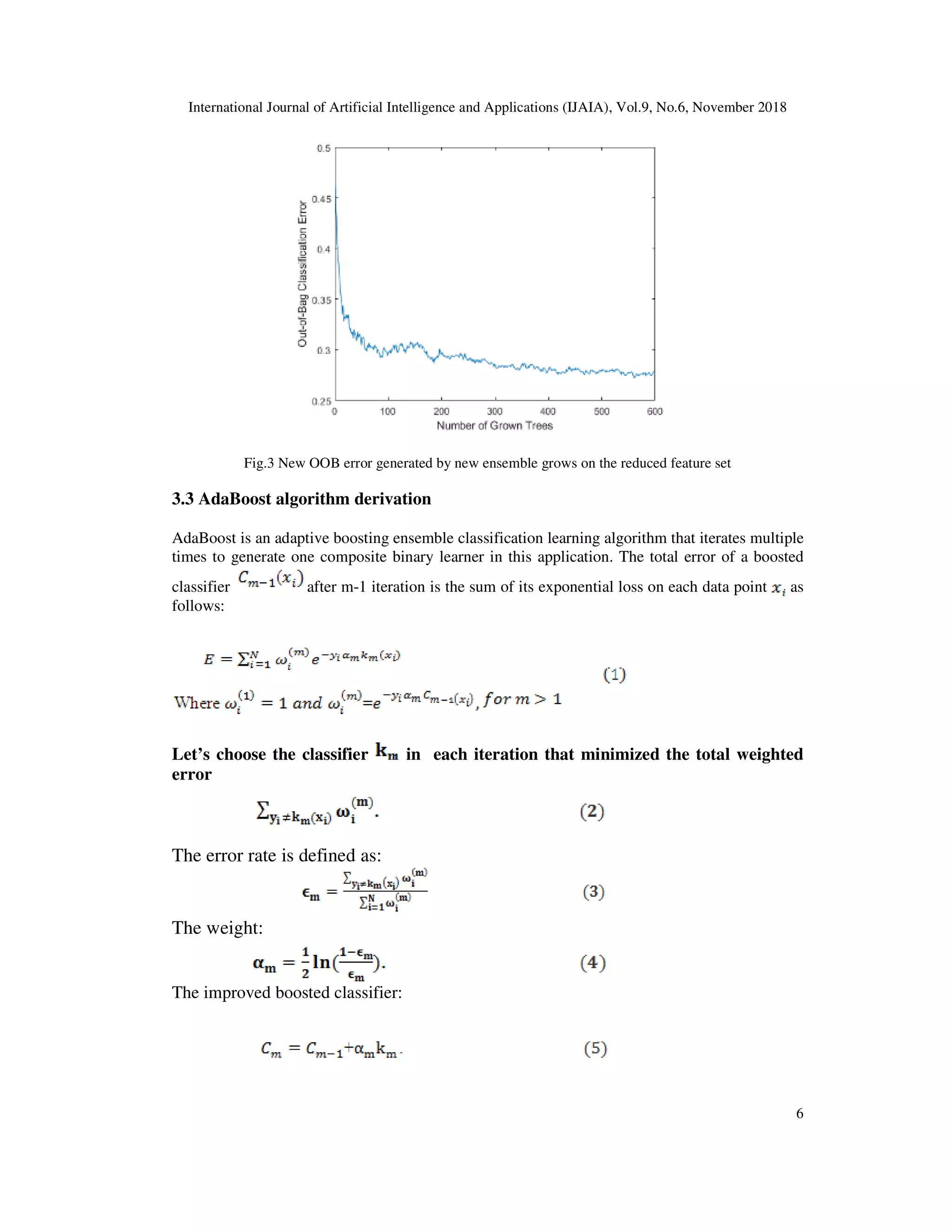 International Journal of Artificial Intelligence and Applications (IJAIA), Vol.9, No.6, November 2018
6
Fig.3 New OOB error generated by new ensemble grows on the reduced feature set
3.3 AdaBoost algorithm derivation
AdaBoost is an adaptive boosting ensemble classification learning algorithm that iterates multiple
times to generate one composite binary learner in this application. The total error of a boosted
classifier after m-1 iteration is the sum of its exponential loss on each data point as
follows:
Let’s choose the classifier in each iteration that minimized the total weighted
error
The error rate is defined as:
The weight:
The improved boosted classifier:
 