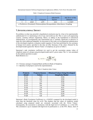 International Journal of Software Engineering & Applications (IJSEA), Vol.9, No.6, November 2018
77
Table 3: Simplicity Evaluation Model Summary
7. INVESTIGATIONAL TRYOUT
No problem, in what way powerful a hypothetical conclusion may be, it has to be experimentally
authenticated if it is functioning to be of any real-world use [6]. This is real in all engineering
systems, counting software engineering. Hence, in adding to the hypothetical or theoretical
authentication, an investigational and experimental test is similarly significant in directive to
make the claim additional adaptable. In assessment of this truth, an investigational authentication
of the developed simplicity evaluation model (equation 2) has been performed by the assistance
of design level metrics specified in the data set [26]. Summary of the values obtained by the
developed model against the ‘Known Values’ of simplicity are given in Table 4.
Spearman’s rank correlation coefficient (rs) used to get the association among values of
simplicity nature of a design using developed model and it’s given values. The ‘rs’ was calculated
by the method specified as under:
Rank Relation (rs) –
‘d’ = Variance amongst, Computed Rank and Known Rank of Simplicity
‘n’ = Quantity of all projects used in the experimentation.
Table 4: Simplicity Index Values
Projects
Detail
Projects Known
Values
Obtained Values Using Developed
Simplicity Model
P-11 7.0 5.54
P-12 8.3 3.92
P-13 7.9 4.56
P-14 8.6 7.75
P-15 9.6 7.90
P-16 7.4 4.31
P-17 8.5 6.91
P-18 6.9 2.40
P-19 9.3 6.24
P-20 6.8 2.69
Spearman’s Rank Correlation Coefficient (rs = 0.84242) computed for the developed model is
more than the threshold value for n=10. This displays that the values of simplicity model
calculated using proposed model are extremely associated with the ‘Given Values’.
Consequently, the association is satisfactory with the high level of confidence, i.e. at the 0.05.
The correlation is up to standard with high level of justification i.e. at the 95%. Hence, short of
 