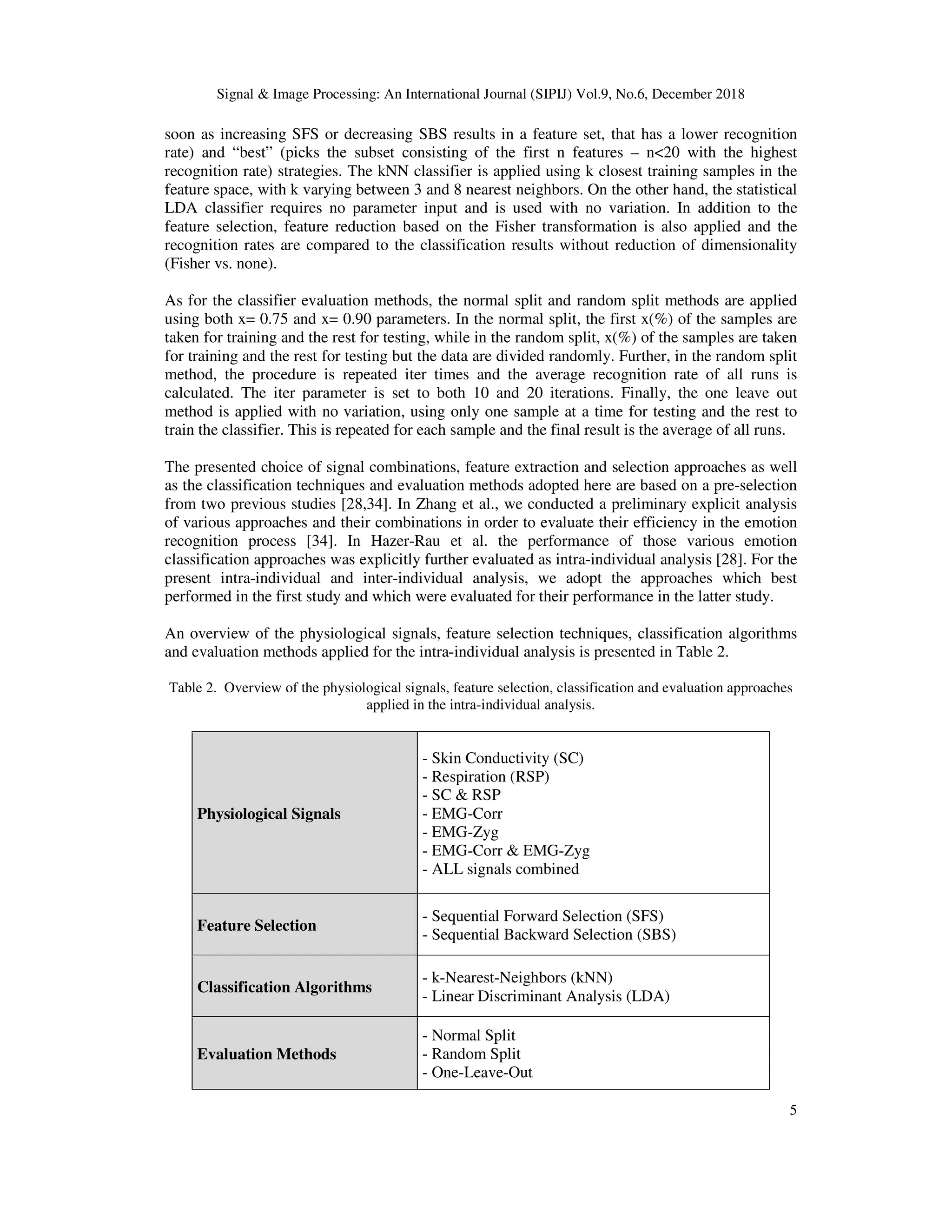 Signal & Image Processing: An International Journal (SIPIJ) Vol.9, No.6, December 2018
5
soon as increasing SFS or decreasing SBS results in a feature set, that has a lower recognition
rate) and “best” (picks the subset consisting of the first n features – n<20 with the highest
recognition rate) strategies. The kNN classifier is applied using k closest training samples in the
feature space, with k varying between 3 and 8 nearest neighbors. On the other hand, the statistical
LDA classifier requires no parameter input and is used with no variation. In addition to the
feature selection, feature reduction based on the Fisher transformation is also applied and the
recognition rates are compared to the classification results without reduction of dimensionality
(Fisher vs. none).
As for the classifier evaluation methods, the normal split and random split methods are applied
using both x= 0.75 and x= 0.90 parameters. In the normal split, the first x(%) of the samples are
taken for training and the rest for testing, while in the random split, x(%) of the samples are taken
for training and the rest for testing but the data are divided randomly. Further, in the random split
method, the procedure is repeated iter times and the average recognition rate of all runs is
calculated. The iter parameter is set to both 10 and 20 iterations. Finally, the one leave out
method is applied with no variation, using only one sample at a time for testing and the rest to
train the classifier. This is repeated for each sample and the final result is the average of all runs.
The presented choice of signal combinations, feature extraction and selection approaches as well
as the classification techniques and evaluation methods adopted here are based on a pre-selection
from two previous studies [28,34]. In Zhang et al., we conducted a preliminary explicit analysis
of various approaches and their combinations in order to evaluate their efficiency in the emotion
recognition process [34]. In Hazer-Rau et al. the performance of those various emotion
classification approaches was explicitly further evaluated as intra-individual analysis [28]. For the
present intra-individual and inter-individual analysis, we adopt the approaches which best
performed in the first study and which were evaluated for their performance in the latter study.
An overview of the physiological signals, feature selection techniques, classification algorithms
and evaluation methods applied for the intra-individual analysis is presented in Table 2.
Table 2. Overview of the physiological signals, feature selection, classification and evaluation approaches
applied in the intra-individual analysis.
Physiological Signals
- Skin Conductivity (SC)
- Respiration (RSP)
- SC & RSP
- EMG-Corr
- EMG-Zyg
- EMG-Corr & EMG-Zyg
- ALL signals combined
Feature Selection
- Sequential Forward Selection (SFS)
- Sequential Backward Selection (SBS)
Classification Algorithms
- k-Nearest-Neighbors (kNN)
- Linear Discriminant Analysis (LDA)
Evaluation Methods
- Normal Split
- Random Split
- One-Leave-Out
 