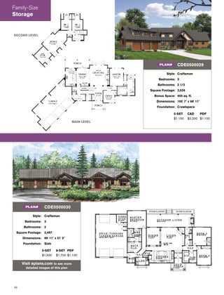 40
Style: Craftsman
Bedrooms: 3
Bathrooms: 2
Square Footage: 2,497
Dimensions: 99' 11" x 51' 5"
Foundation: Slab
5-SET 8-SET PDF
$1,500 $1,700 $1,100
Visit eplans.com to see more
detailed images of this plan
CDE0500030PLAN#
Style: Craftsman
Bedrooms: 3
Bathrooms: 2 1/2
Square Footage: 2,528
Bonus Space: 455 sq. ft.
Dimensions: 100' 7" x 68' 11"
Foundation: Crawlspace
5-SET CAD PDF
$1,150 $2,200 $1,100
Visit eplans.com to see more
CDE0500029PLAN#
MAIN LEVEL
SECOND LEVEL
Family-Size
Storage
 
