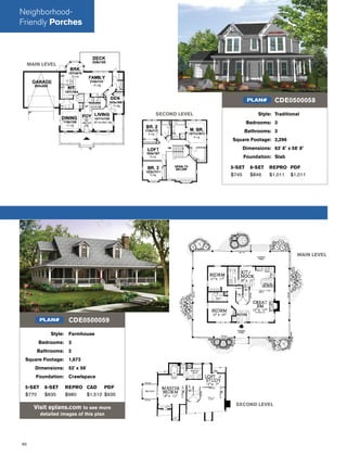 60
SECOND LEVEL
MAIN LEVEL
Style: Farmhouse
Bedrooms: 3
Bathrooms: 2
Square Footage: 1,673
Dimensions: 52' x 56'
Foundation: Crawlspace
5-SET 8-SET REPRO CAD PDF
$770 $835 $980 $1,510 $935
Visit eplans.com to see more
detailed images of this plan
CDE0500059PLAN#
Style: Traditional
Bedrooms: 3
Bathrooms: 3
Square Footage: 2,296
Dimensions: 63' 8" x 58' 8"
Foundation: Slab
5-SET 8-SET REPRO PDF
$745 $846 $1,011 $1,011
CDE0500058PLAN#
MAIN LEVEL
SECOND LEVEL
Neighborhood-
Friendly Porches
 