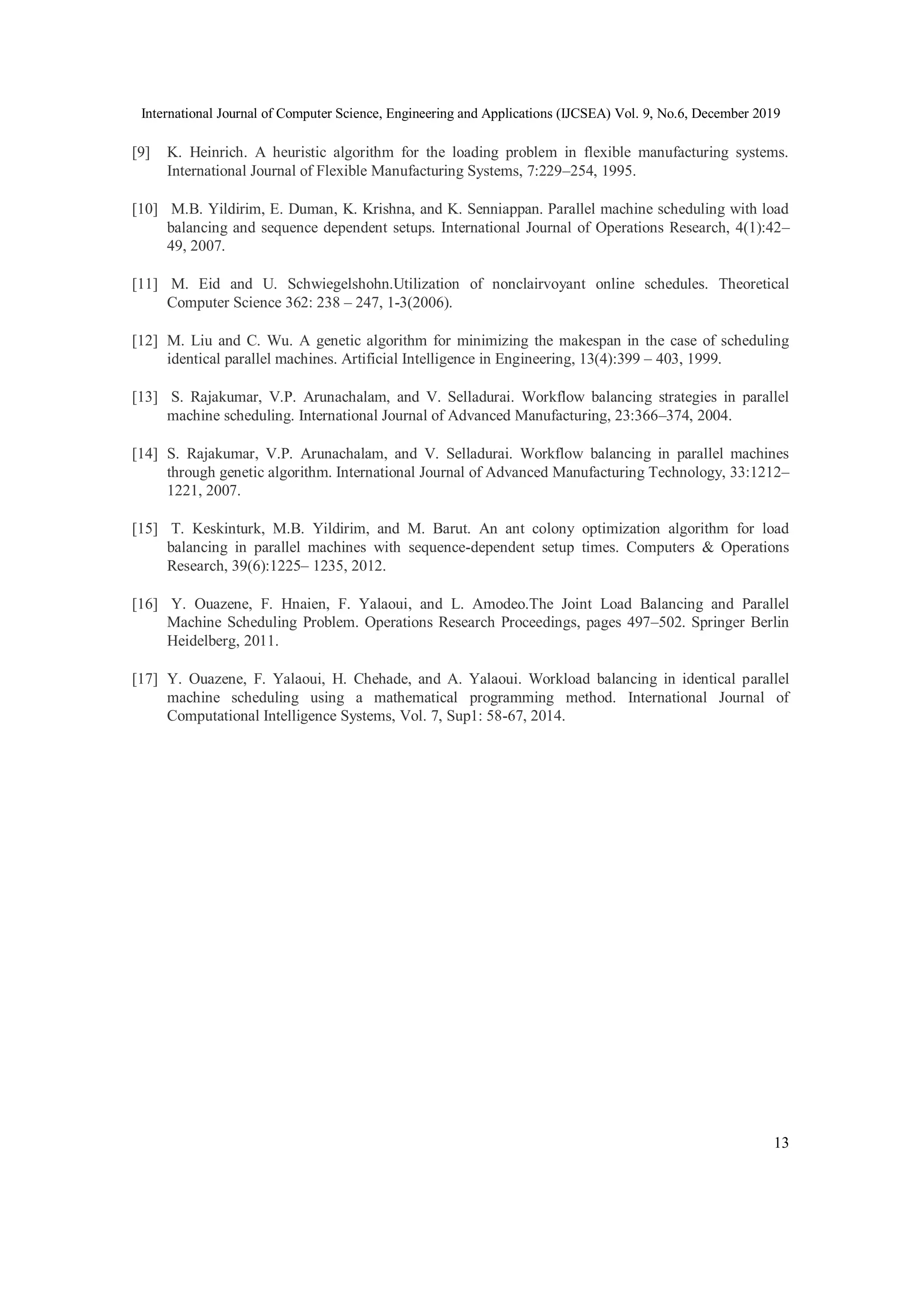 International Journal of Computer Science, Engineering and Applications (IJCSEA) Vol. 9, No.6, December 2019
13
[9] K. Heinrich. A heuristic algorithm for the loading problem in flexible manufacturing systems.
International Journal of Flexible Manufacturing Systems, 7:229–254, 1995.
[10] M.B. Yildirim, E. Duman, K. Krishna, and K. Senniappan. Parallel machine scheduling with load
balancing and sequence dependent setups. International Journal of Operations Research, 4(1):42–
49, 2007.
[11] M. Eid and U. Schwiegelshohn.Utilization of nonclairvoyant online schedules. Theoretical
Computer Science 362: 238 – 247, 1-3(2006).
[12] M. Liu and C. Wu. A genetic algorithm for minimizing the makespan in the case of scheduling
identical parallel machines. Artificial Intelligence in Engineering, 13(4):399 – 403, 1999.
[13] S. Rajakumar, V.P. Arunachalam, and V. Selladurai. Workflow balancing strategies in parallel
machine scheduling. International Journal of Advanced Manufacturing, 23:366–374, 2004.
[14] S. Rajakumar, V.P. Arunachalam, and V. Selladurai. Workflow balancing in parallel machines
through genetic algorithm. International Journal of Advanced Manufacturing Technology, 33:1212–
1221, 2007.
[15] T. Keskinturk, M.B. Yildirim, and M. Barut. An ant colony optimization algorithm for load
balancing in parallel machines with sequence-dependent setup times. Computers & Operations
Research, 39(6):1225– 1235, 2012.
[16] Y. Ouazene, F. Hnaien, F. Yalaoui, and L. Amodeo.The Joint Load Balancing and Parallel
Machine Scheduling Problem. Operations Research Proceedings, pages 497–502. Springer Berlin
Heidelberg, 2011.
[17] Y. Ouazene, F. Yalaoui, H. Chehade, and A. Yalaoui. Workload balancing in identical parallel
machine scheduling using a mathematical programming method. International Journal of
Computational Intelligence Systems, Vol. 7, Sup1: 58-67, 2014.
 