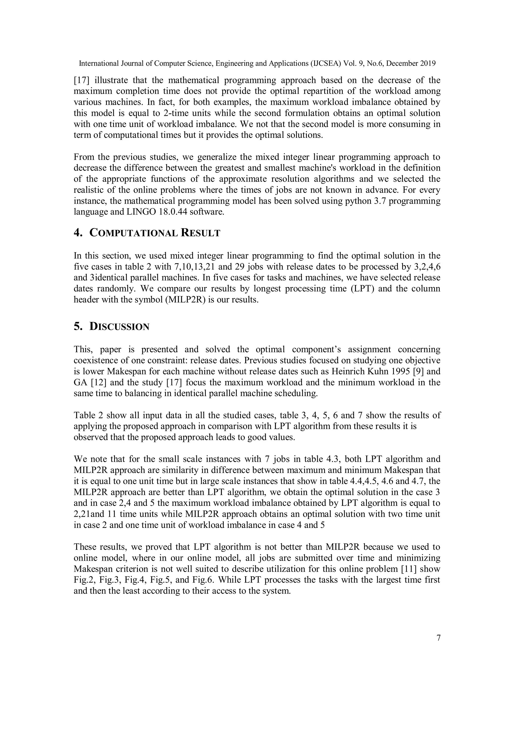 International Journal of Computer Science, Engineering and Applications (IJCSEA) Vol. 9, No.6, December 2019
7
[17] illustrate that the mathematical programming approach based on the decrease of the
maximum completion time does not provide the optimal repartition of the workload among
various machines. In fact, for both examples, the maximum workload imbalance obtained by
this model is equal to 2-time units while the second formulation obtains an optimal solution
with one time unit of workload imbalance. We not that the second model is more consuming in
term of computational times but it provides the optimal solutions.
From the previous studies, we generalize the mixed integer linear programming approach to
decrease the difference between the greatest and smallest machine's workload in the definition
of the appropriate functions of the approximate resolution algorithms and we selected the
realistic of the online problems where the times of jobs are not known in advance. For every
instance, the mathematical programming model has been solved using python 3.7 programming
language and LINGO 18.0.44 software.
4. COMPUTATIONAL RESULT
In this section, we used mixed integer linear programming to find the optimal solution in the
five cases in table 2 with 7,10,13,21 and 29 jobs with release dates to be processed by 3,2,4,6
and 3identical parallel machines. In five cases for tasks and machines, we have selected release
dates randomly. We compare our results by longest processing time (LPT) and the column
header with the symbol (MILP2R) is our results.
5. DISCUSSION
This, paper is presented and solved the optimal component’s assignment concerning
coexistence of one constraint: release dates. Previous studies focused on studying one objective
is lower Makespan for each machine without release dates such as Heinrich Kuhn 1995 [9] and
GA [12] and the study [17] focus the maximum workload and the minimum workload in the
same time to balancing in identical parallel machine scheduling.
Table 2 show all input data in all the studied cases, table 3, 4, 5, 6 and 7 show the results of
applying the proposed approach in comparison with LPT algorithm from these results it is
observed that the proposed approach leads to good values.
We note that for the small scale instances with 7 jobs in table 4.3, both LPT algorithm and
MILP2R approach are similarity in difference between maximum and minimum Makespan that
it is equal to one unit time but in large scale instances that show in table 4.4,4.5, 4.6 and 4.7, the
MILP2R approach are better than LPT algorithm, we obtain the optimal solution in the case 3
and in case 2,4 and 5 the maximum workload imbalance obtained by LPT algorithm is equal to
2,21and 11 time units while MILP2R approach obtains an optimal solution with two time unit
in case 2 and one time unit of workload imbalance in case 4 and 5
These results, we proved that LPT algorithm is not better than MILP2R because we used to
online model, where in our online model, all jobs are submitted over time and minimizing
Makespan criterion is not well suited to describe utilization for this online problem [11] show
Fig.2, Fig.3, Fig.4, Fig.5, and Fig.6. While LPT processes the tasks with the largest time first
and then the least according to their access to the system.
 