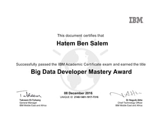 Dr Naguib Attia
Chief Technology Officer
IBM Middle East and Africa
This document certifies that
Successfully passed the IBM Academic Certificate exam and earned the title
UNIQUE ID
Takreem El-Tohamy
General Manager
IBM Middle East and Africa
Hatem Ben Salem
08 December 2016
Big Data Developer Mastery Award
2140-1481-1917-7316
Digitally signed by
IBM Middle East
and Africa
University
Date: 2016.12.08
19:00:06 CET
Reason: Passed
test
Location: MEA
Portal Exams
Signat
 