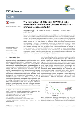 The interaction of QDs with RAW264.7 cells:
nanoparticle quantiﬁcation, uptake kinetics and
immune responses study†
O. Gladkovskaya,ab
V. A. Gerard,c
M. Nosov,d
Y. K. Gun'ko,ce
G. M. O'Connora
and Y. Rochev*bf
Fluorescent semiconductor nanocrystals called quantum dots (QDs) have been proposed as a prominent bio-
imaging tool due to their exceptional optical properties. Typically the core size is not greater than 10 nm, thus
QDs don't obey models successfully developed and proved on practice for large particles (40–200 nm). This
makes it diﬃcult to predict the behaviour of such small yet reactive species in physiological media. Despite the
beneﬁts provided by QDs, the challenge of quantifying altered intracellular components remains
complicated, and is not clearly investigated, due to interaction of nanoparticles with diﬀerent cellular
compartments. The goal of this work is to investigate uptake kinetics of small green-emitting TGA-capped
CdTe QDs with diameter as small as 2.1 nm and to quantify their accumulation inside the cells over the
time by ﬂow cytometry. The eﬀect on RAW264.7 monocyte–macrophage cell function and viability also
was studied, as monocytes play an important role in innate immunity. The optimal parameters (QD
concentration, exposure time, cell activation status) were found; the tested nanoparticles are proven to be
applied in short-term assays due to their quick ingestion and accumulation.
1. Introduction
Nano-sized particles of well-known bulk materials (such as silica,
carbon, titanium dioxide, etc.) have enabled many unique possi-
bilities in diﬀerent technologies and disrupted existing technolo-
gies. Engineered nanoparticles are poised to make key impacts in
many biological and medical applications, like controllable drug
delivery and release systems,1–4
gene diagnostics, and bio-
imaging.5
The question of how these developments can be applied
safely in humans remains open. Fluorescent nanocrystals made of
semiconductor compounds are called Quantum Dots (QDs). These
nanomaterials were rst synthesized and named by M. Reed in
1985.6
Since that time various uses of QDs have been developed
including their applications in photonics, energy harvesting and
bio-imaging. Unlike organic uorochromes, the optical properties
of QDs include large Stokes shi, broad absorption and narrow
emission, bright uorescence and high resistance to photo-
bleaching. The set of unique size-tuneable optical characteristics,
ease of manufacturing, surface modication and bioconjugation
made them eligible alternates for organic dyes as uorescent
agents.7
However, the discovery of new molecular uorescent
tags and their alternates is under extensive research. For
example, steady uorescent response with good Stokes shi and
target mRNA binding has been achieved bio-constructs with
perylene-20
-amino-LNA as uorescence reporter.8
The vast
absorption prole of QDs allows use of a non-specic light
source. As shown in Fig. 1, green QDs can be excited by either a
violet or a blue laser. In contrast, molecular uorophores for a
maximum eﬃciency require excitation at a specic wavelength,
which is oen diﬃcult to achieve because a cytometer is usually
tted with only 2 or 3 lasers. The spectral overlap, which typical
Fig. 1 Possible range of available lasers (vertical lines) and UV-vis
absorption of green-emitting QDs used in the study. Due to broad
absorption proﬁle QDs don't require excitation on speciﬁc wavelength.
a
School of Physics, National University of Ireland, Galway, Ireland
b
Network of Excellence for Functional Biomaterials, Galway, Ireland. E-mail: yury.
rochev@nuigalway.ie; Fax: +353 91 494 596; Tel: +353 91 492 806
c
CRANN and School of Chemistry, Trinity College Dublin, Ireland
d
FarmLab Diagnostics, Emlagh, Elphin, Ireland
e
ITMO University, 197101 Saint Petersburg, Russia
f
School of Chemistry, National University of Ireland, Galway, Ireland
† Electronic supplementary information (ESI) available. See DOI:
10.1039/c5ra04233j
Cite this: RSC Adv., 2015, 5, 42250
Received 10th March 2015
Accepted 24th April 2015
DOI: 10.1039/c5ra04233j
www.rsc.org/advances
42250 | RSC Adv., 2015, 5, 42250–42258 This journal is © The Royal Society of Chemistry 2015
RSC Advances
PAPER
 