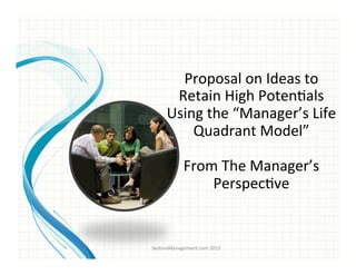 Proposal	
  on	
  Ideas	
  to	
  
Retain	
  High	
  Poten3als	
  
Using	
  the	
  “Manager’s	
  Life	
  
Quadrant	
  Model”	
  
	
  
From	
  The	
  Manager’s	
  
Perspec3ve	
  	
  
SedonaManagement.com	
  2015	
  
 