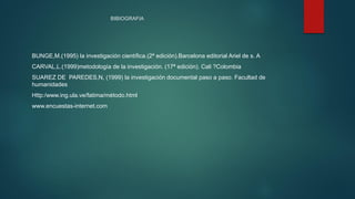 BIBIOGRAFIA
BUNGE,M.(1995) la investigación científica.(2ª edición).Barcelona editorial Ariel de s. A
CARVAL,L.(1999)metodología de la investigación. (17ª edición). Cali ?Colombia
SUAREZ DE PAREDES,N, (1999) la investigación documental paso a paso. Facultad de
humanidades
Http:/www.ing.ula.ve/fatima/método.html
www.encuestas-internet.com
 