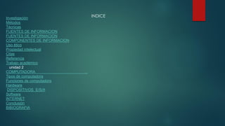 INDICEInvestigación
Métodos
Técnicas
FUENTES DE INFORMACION
FUENTES DE INFORMACION
COMPONENTES DE INFORMACION
Uso ético
Propiedad intelectual
Citas
Referencia
Trabajo académico
unidad 2
COMPUTADORA ...
Tipos de computadora
Funciones de computadora
Hardware
DISPOSITIVOS E/S/A
Software
INTERNET
Conclusión
BIBIOGRAFIA
 